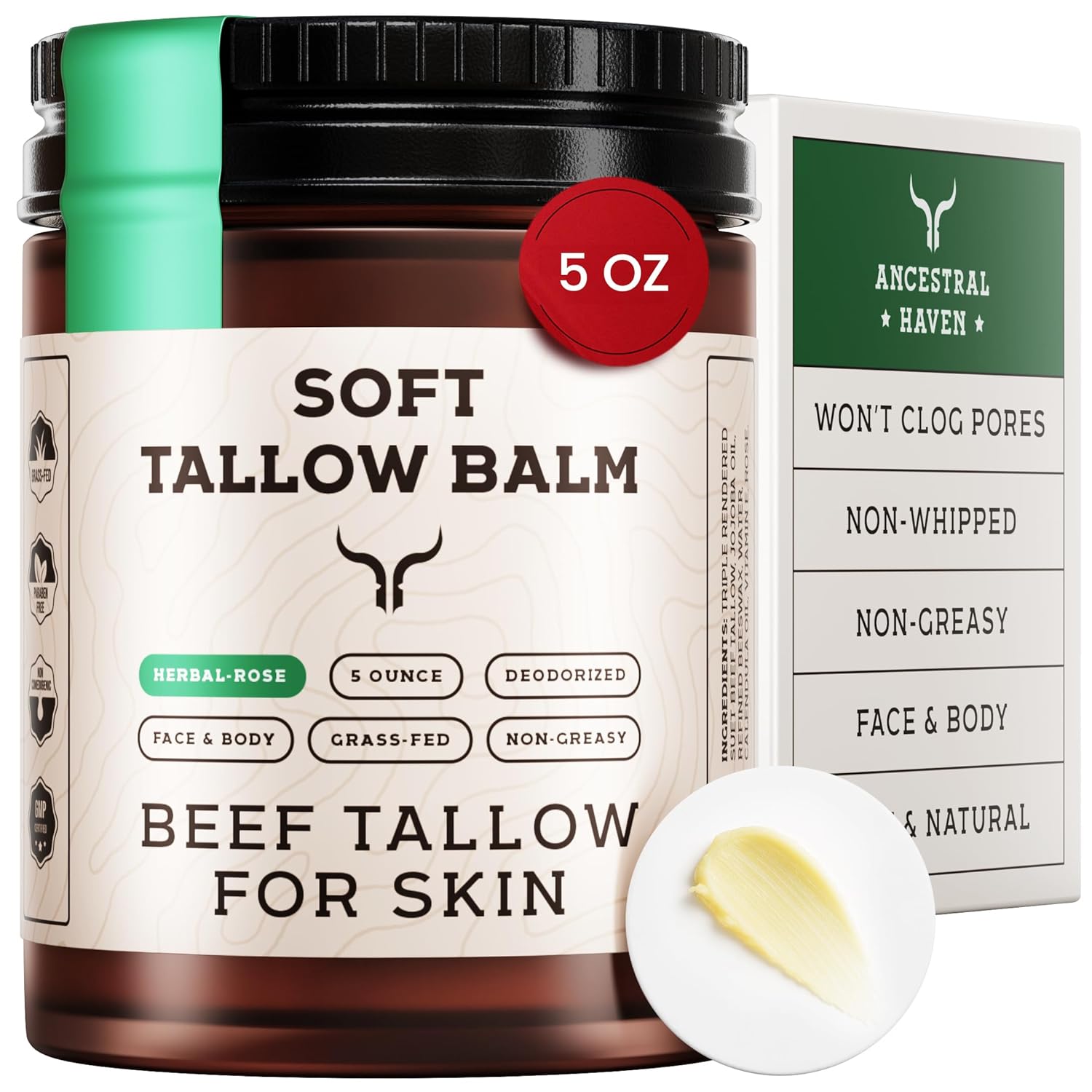 Beef Tallow for Skin - Beef Tallow For Face - Tallow Face Moisturizer - Beef Tallow Moisturizer - Tallow Balm - Grass Fed Beef Tallow For Skin - Tallow Face Cream Lotion (5.0, Herbal-Rose)
