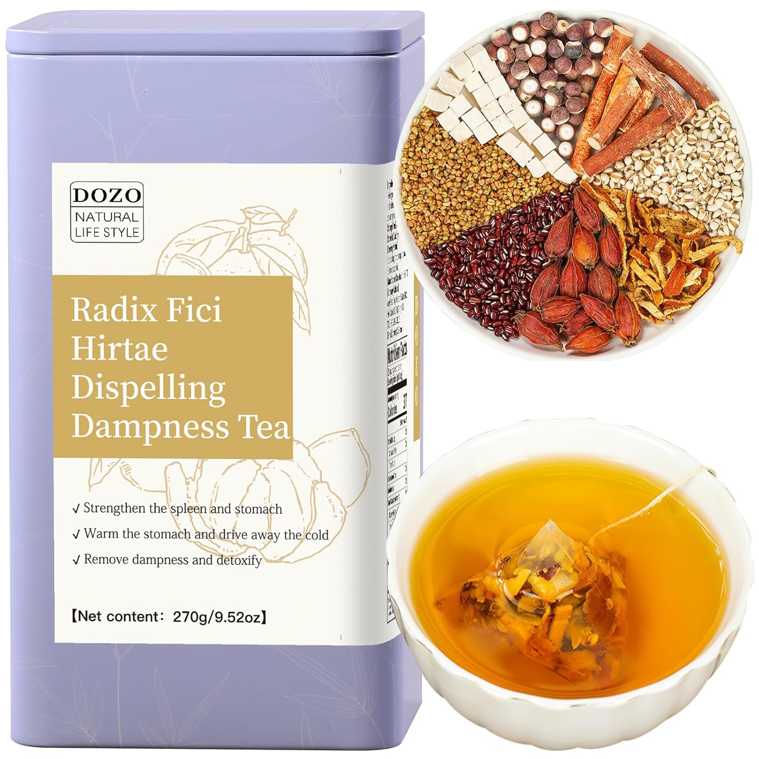 DOZO Radix Fici Hirtae Dispelling Dampness Tea 祛湿茶 270g/9.52OZ(30bags) Natural Chinese Herbal Tea 五指毛桃茯苓茶 五指毛桃茯苓祛湿茶