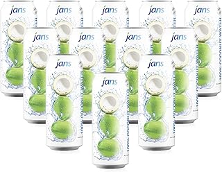 Jans 100% Pure Coconut Water can with Coconut Pulp - Pure, aqua de coco, Unsweetened Coconut Water | Not from Concentrate | Non-GMO | Refreshing Taste of the Tropics | 16.57 fl oz per can (Pack of 12)