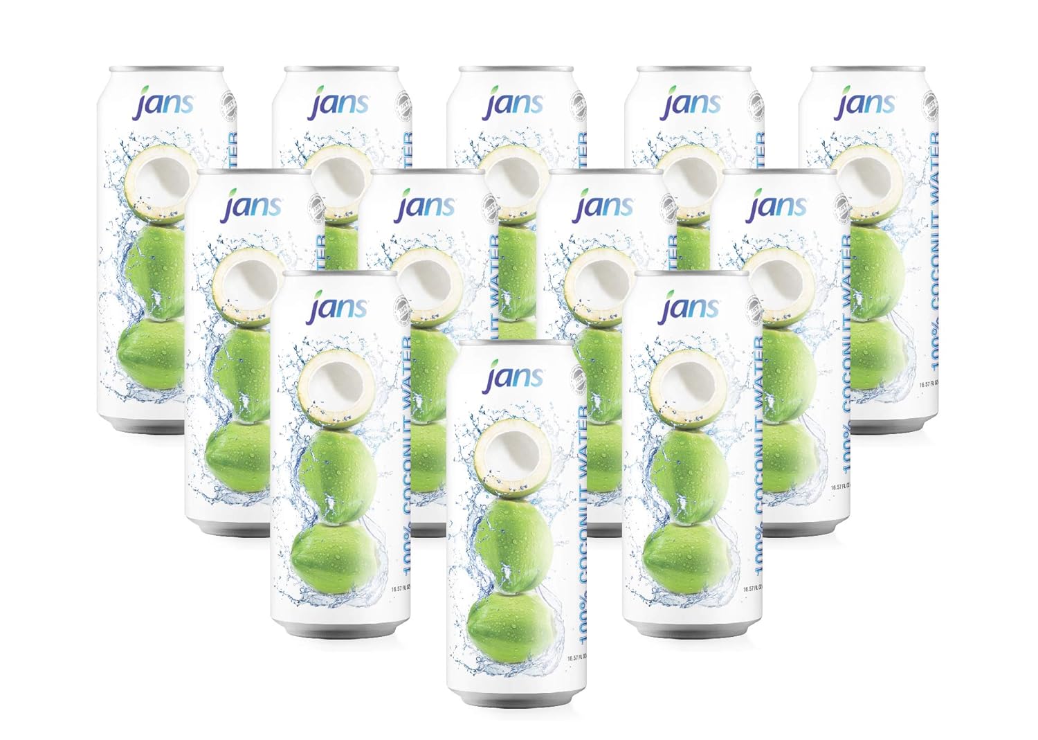 Jans 100% Pure Coconut Water can with Coconut Pulp - Pure, aqua de coco, Unsweetened Coconut Water | Not from Concentrate | Non-GMO | Refreshing Taste of the Tropics | 16.57 fl oz per can (Pack of 12)