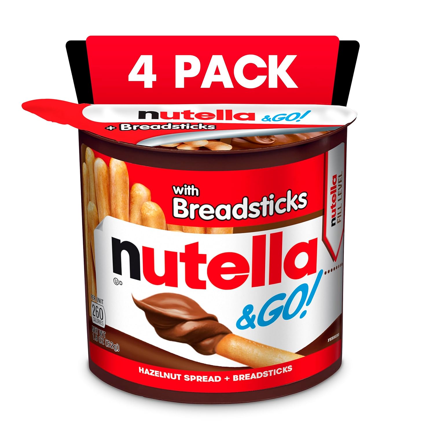 Nutella and Go Snack Packs, Chocolate Hazelnut Spread with Breadsticks, Perfect Bulk Snacks for Kids' Lunch Boxes, 1.8 oz, Pack of 4
