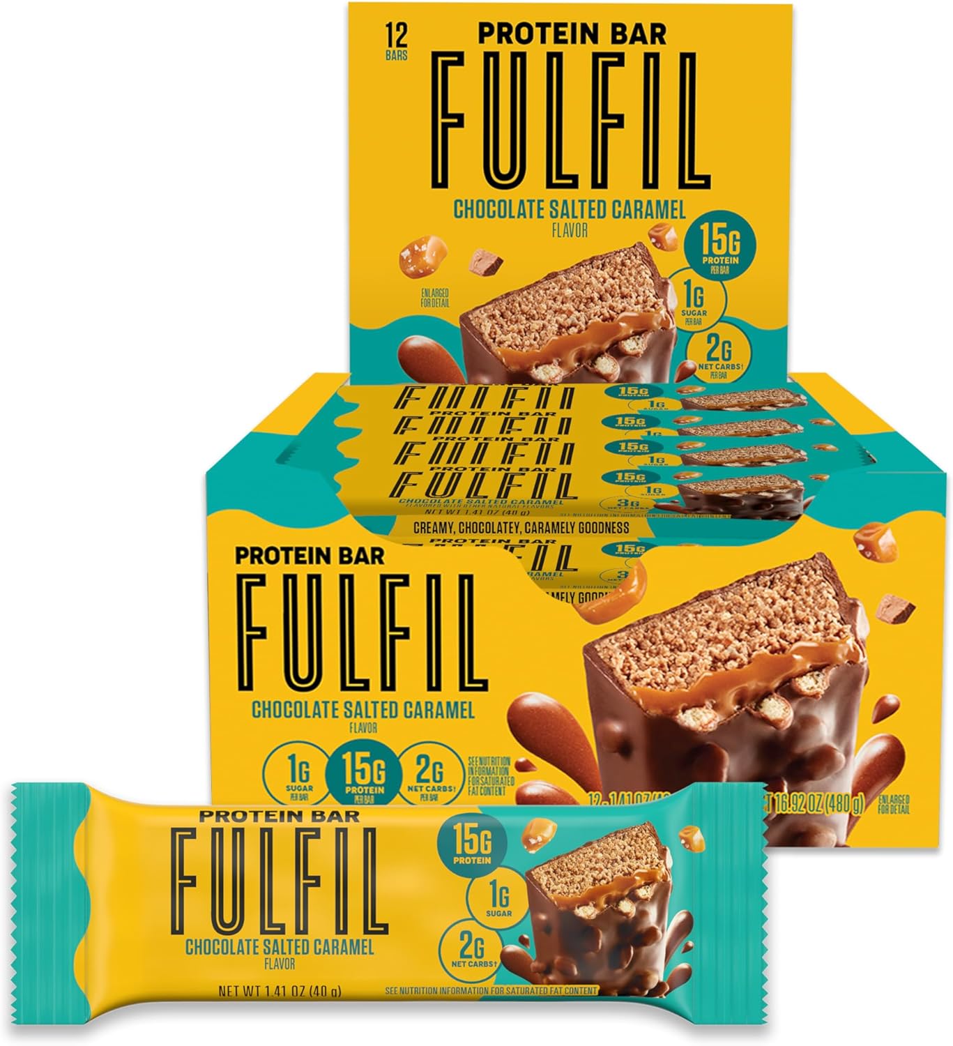FULFIL Protein Snack Bars, Chocolate Salted Caramel, 15g Protein, Pantry Staples, 12 Count