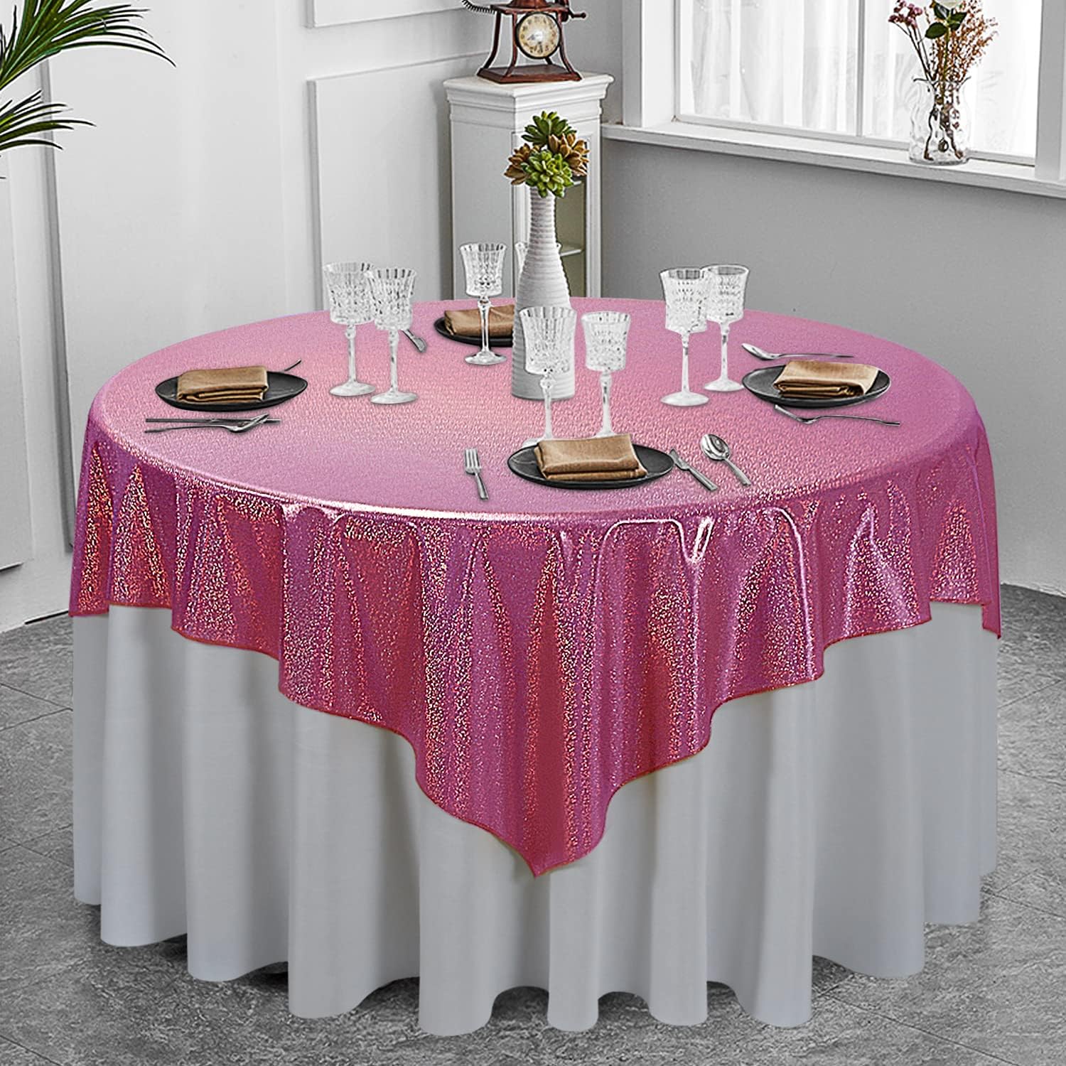Fitable Sequin Tablecloth for Parties 60x60 Inch - Sparkle Glitter Table Cloth Laser Square Table Cover Overlay for Wedding Baby Shower Ceremony Birthday Cake Table Holiday Banquet Decor, Fuchsia