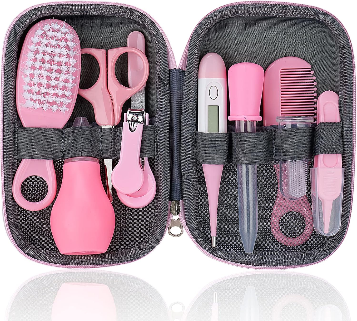 Baby Grooming Kit, 10 Pcs Newborn Healthcare Accessories, Portable Baby Essentials Set with Hair Brush Comb Nail Clipper Thermometer for Nursery Infant Girls Boys
