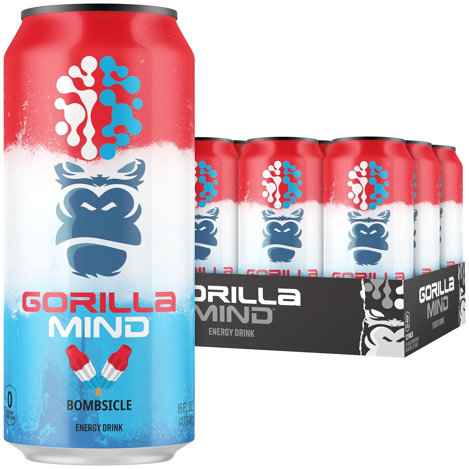 Gorilla Mind Energy Drink | Unmatched Energy · Amplified Focus | N-Acetyl-L-Tyrosine, Alpha-GPC, 200mg Caffeine, Uridine, Saffron | 0 Sugar Or Artificial Colors | 16oz, 12-Pack (Bombsicle)
