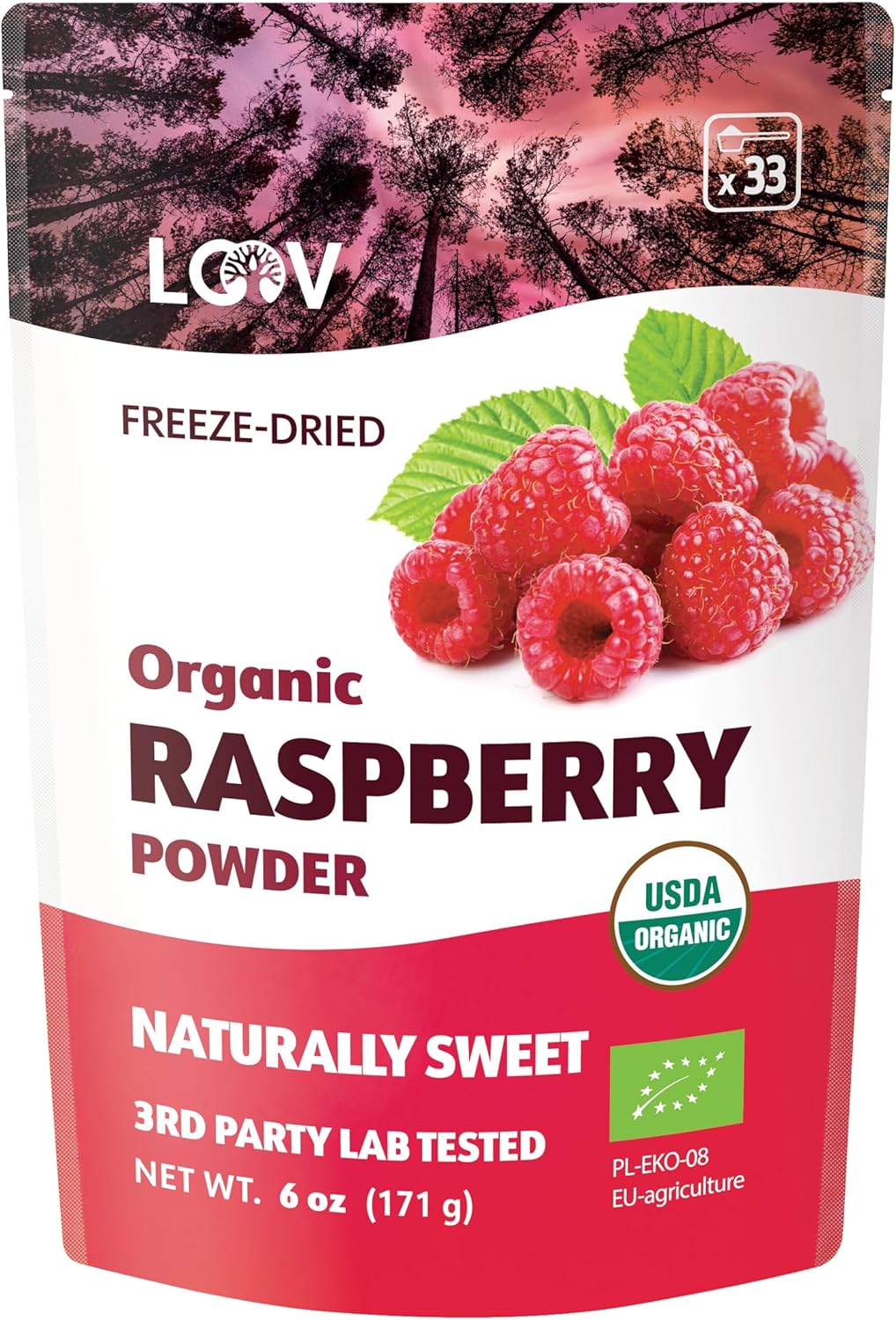 LOOV Organic Raspberry Powder, Made from 100% Whole Raspberries, Powdered Freeze Dried Raspberries, 171 g, Grown in Europe, 24-Day Supply, No Added Sugar