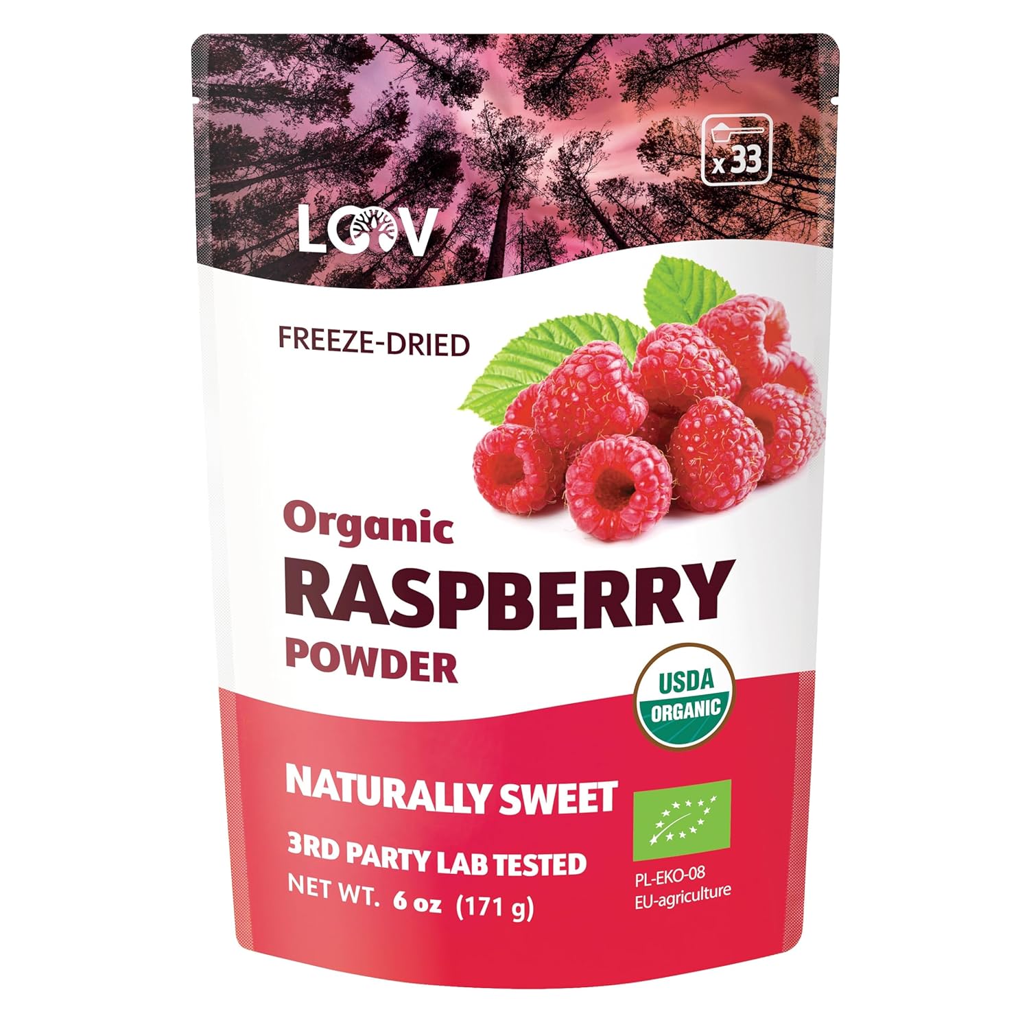 Organic Freeze-Dried Raspberry Powder – 100% Natural Whole Fruit, Certified Organic Red Raspberries – Perfect for Smoothies, Shakes & Baking – Non-GMO, No Added Sugar – 6oz (33 Servings)