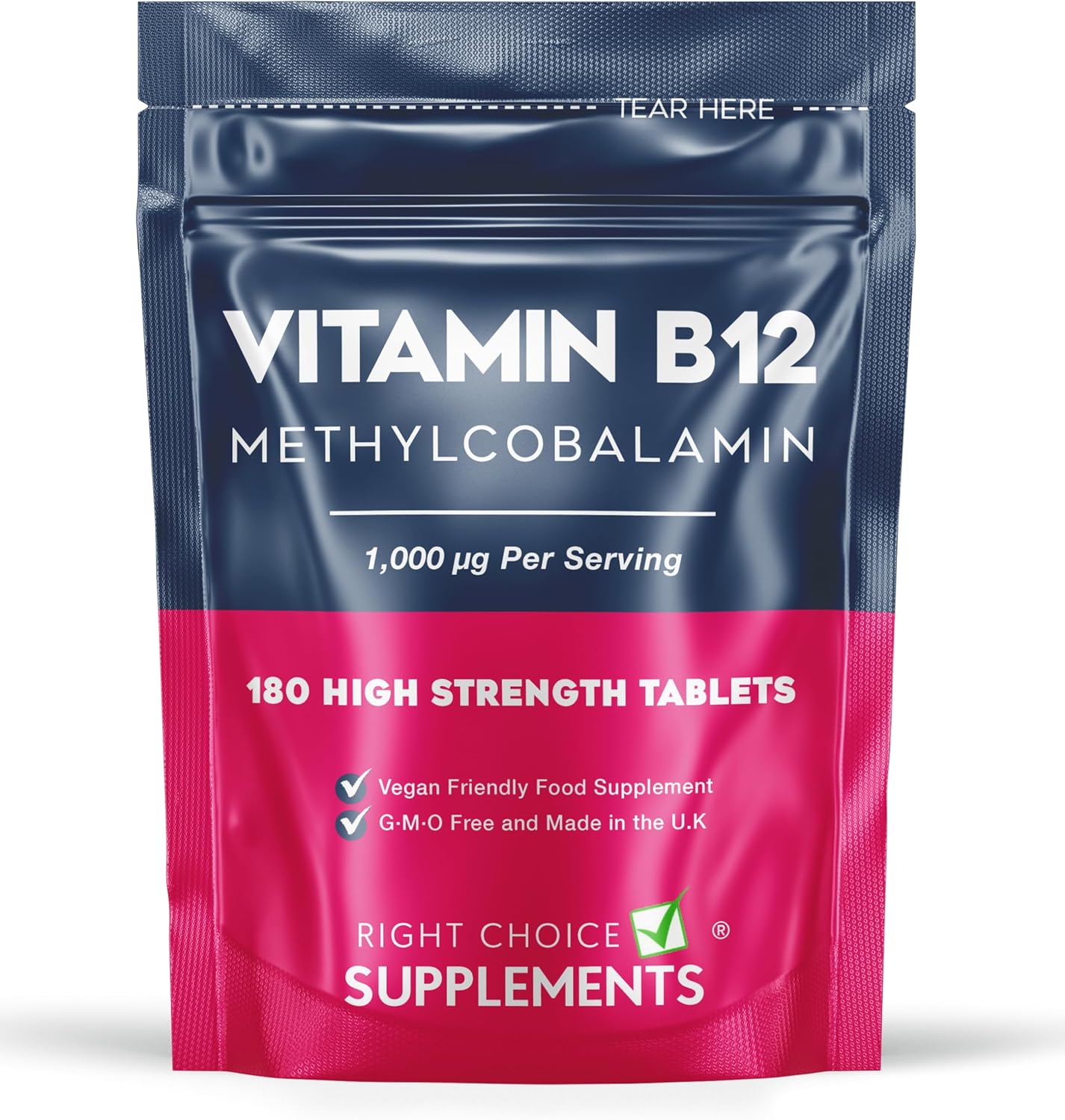 Vitamin B12 High Strength 1000 μg (mcg) - 180 Tablets - Pure Methylcobalamin Supplement - Energy Support - UK Vegan VIT B12