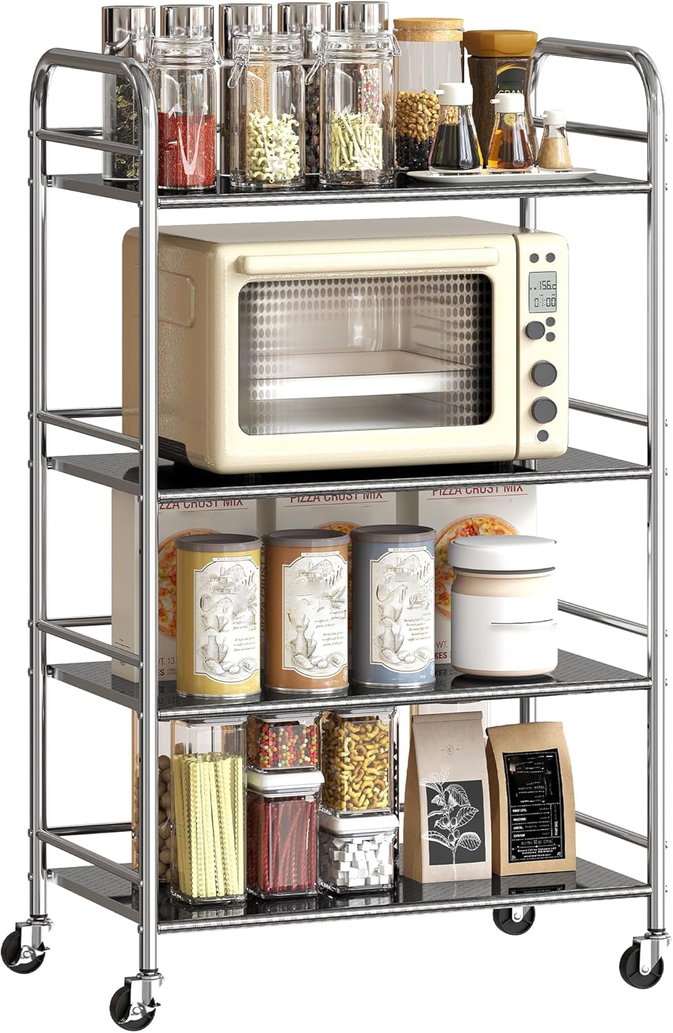 HOMCOM 4 Tier Stainless Steel Storage Trolley with Adjustable Shelves, Serving Trolley with Locking Wheels and Handles, Rolling Cart for Kitchen, Dining Room, Bathroom, Silver