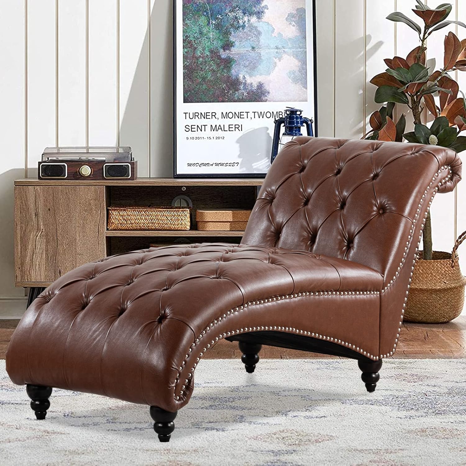 Modern Leather Lounge Chair with Nailhead Trim，Elegant Living Room Lounge Chair for Indoor Bedroom,Button Tufting Chaise Lounge Indoor. (Brown Leather)