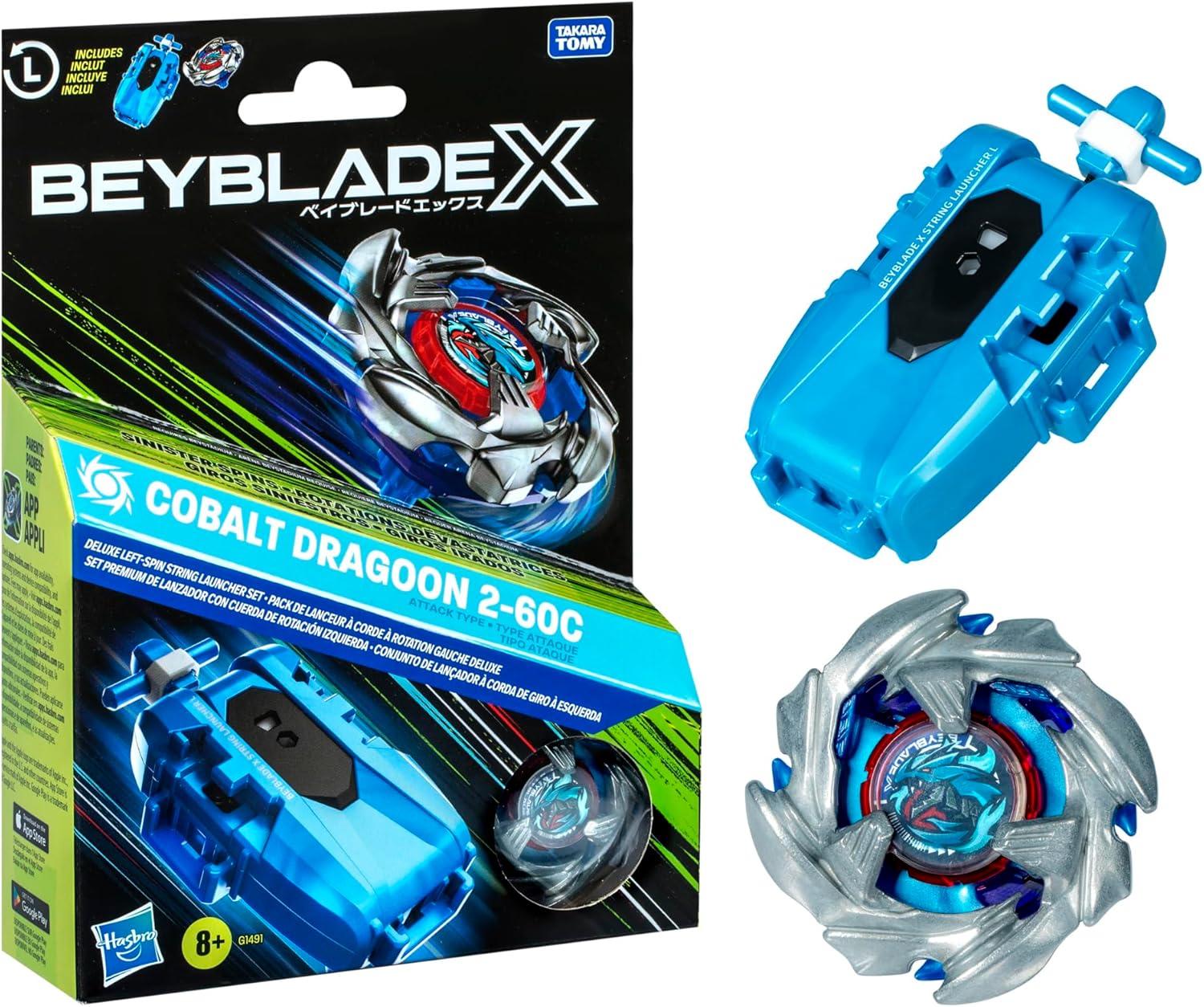 Beyblade X Cobalt Dragoon 2-60C Deluxe Left-Spin String Launcher Set with Attack Type Top Left-Spinning Top Toy; Great Gift for 8 Year Old Boys and Girls