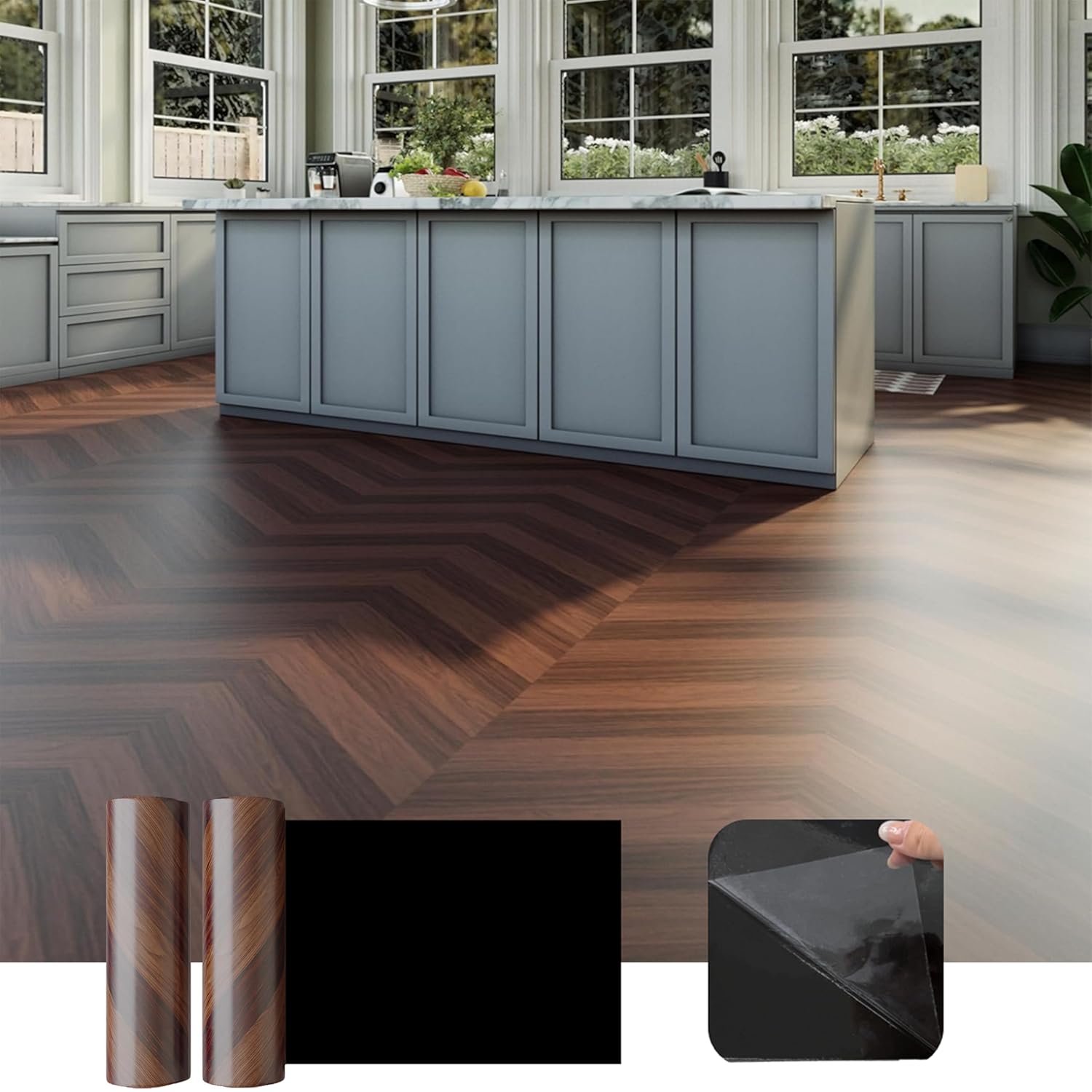 2 Rolls Cover 52 Sq.Ft Peel and Stick Floor Tile Roll 15.7” x 236”, Self Adhesive Vinyl Flooring Wood Grain Linoleum Flooring Tile DIY for Kitchen, Bathroom, Living Room, Dark Brown Herringbone