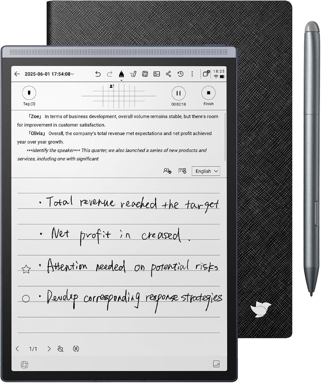 AINOTE Air 2, 8.2" AI Smart E Ink Tablet with Folio Case & Stylus, ChatGPT-Powered Multi-Language Transcription, Adjustable Light Paper Note-Taking Tablet Digital Notebook for Meetings Study