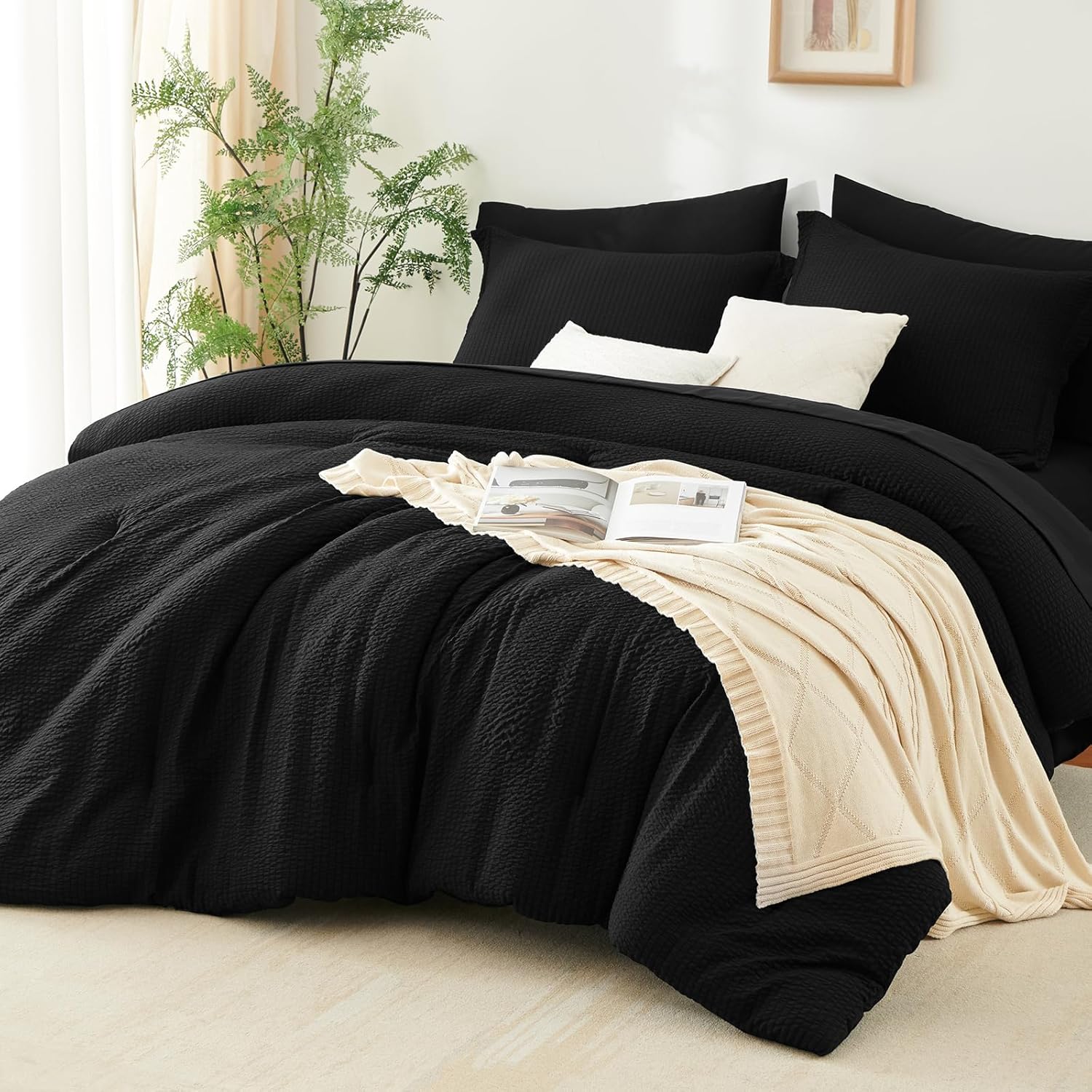 CozyLux King Size Comforter Set - 7 Pieces Seersucker Bed in a Bag, Soft Lightweight Boho Bedding Set with All Season Comforters King Size, Sheets, Pillowcases & Shams, Black King