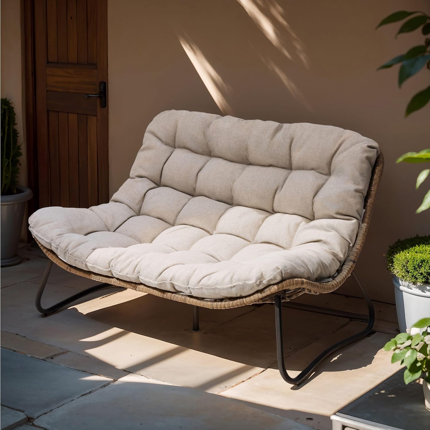 Outdoor Loveseat, Boho Rattan Patio Couch with Soft Cushion (Beige)