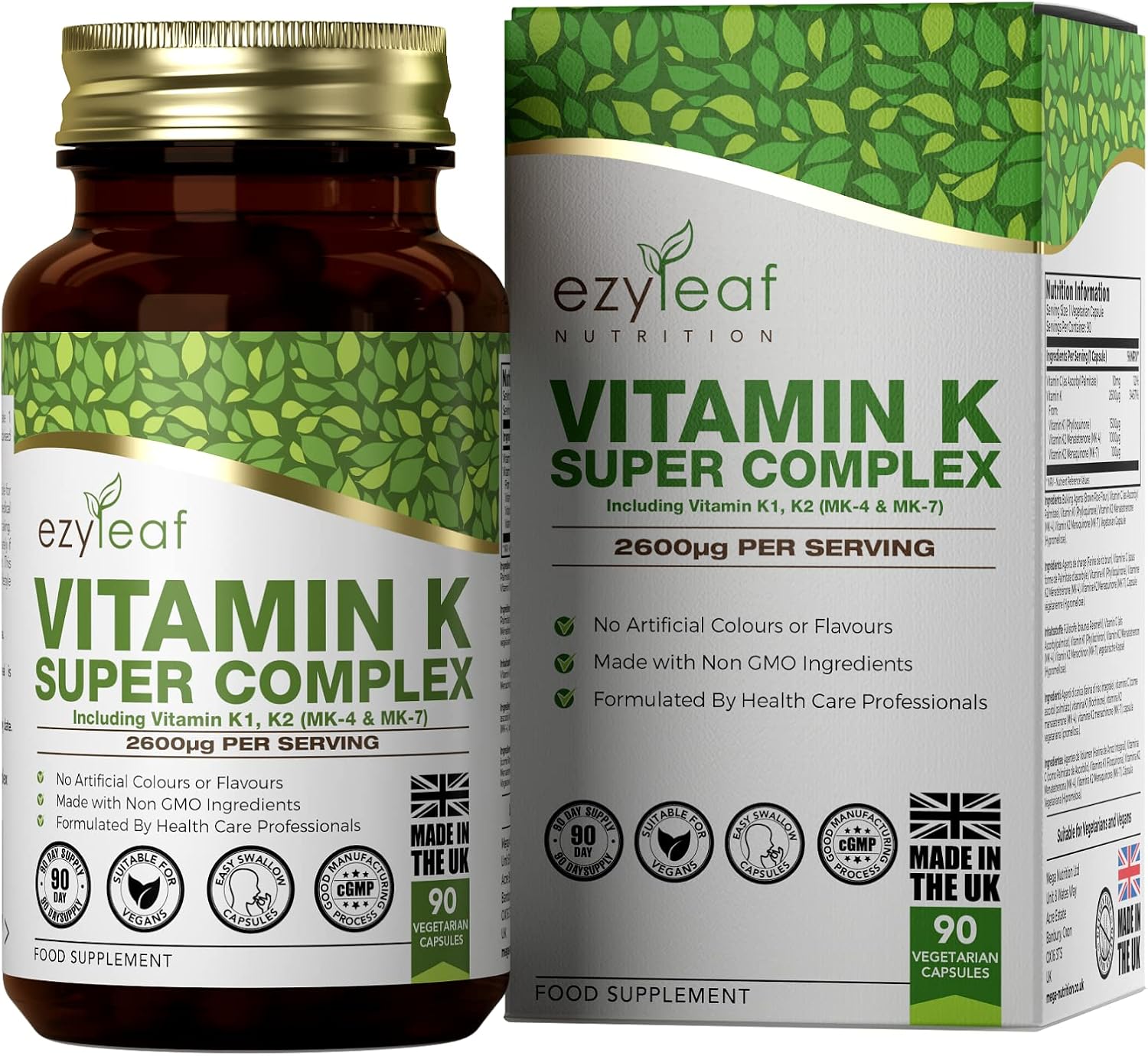 Ezyleaf Vitamin K Super Complex | Vitamin K2 MK7 - Vitsmin-K2 MK4 - VIT K1 | 2600µg per Capsule | 90 K2 MK-7 Vegan Capsules | Non-GMO, Allergen Free Formula with Vitamin-C | Made in The UK