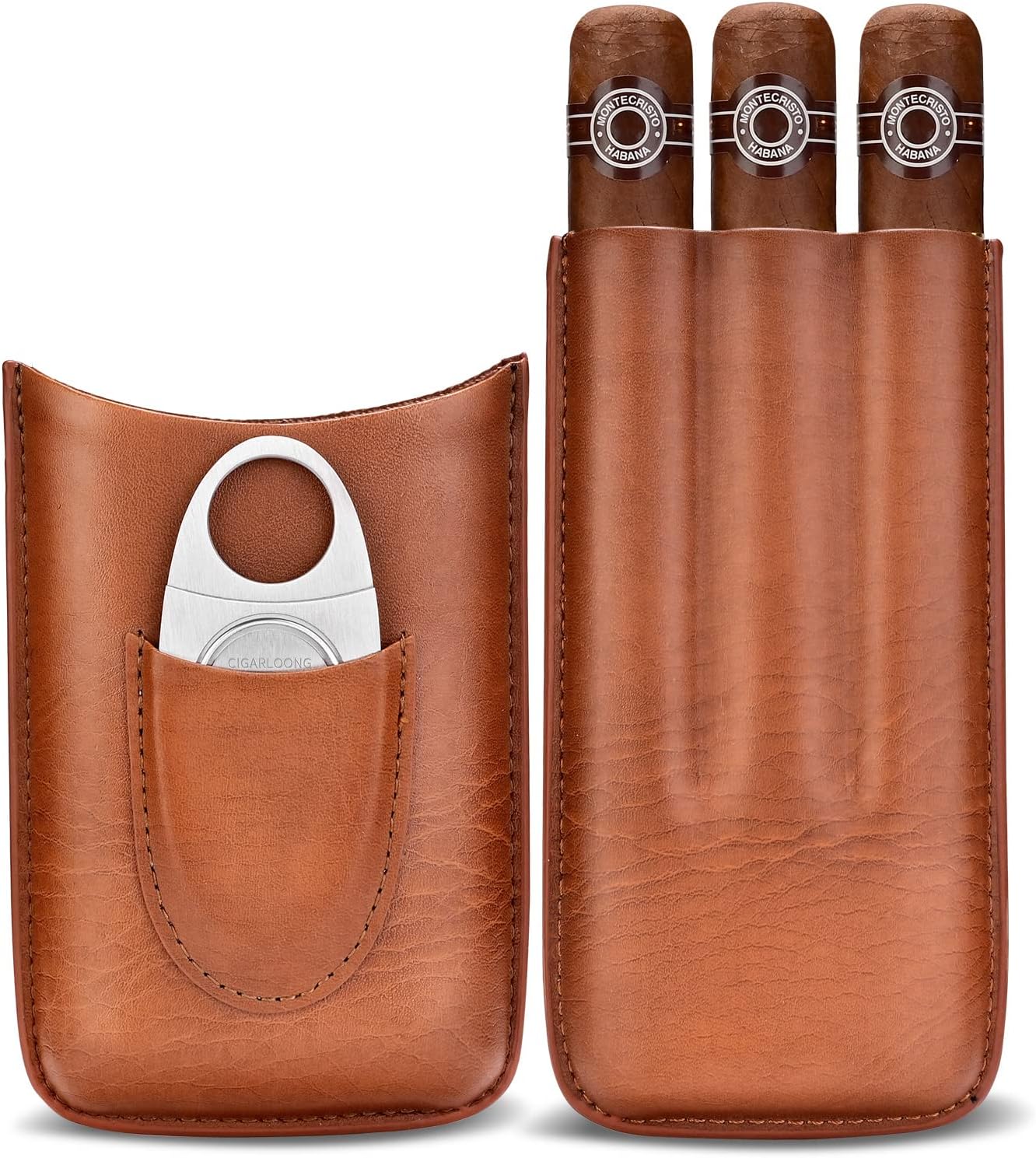 CIGARLOONG Cigar Case Leather Cigar Travel Case Humidor, Hold 3 Tube with Stainless Steel Cigar Cutter
