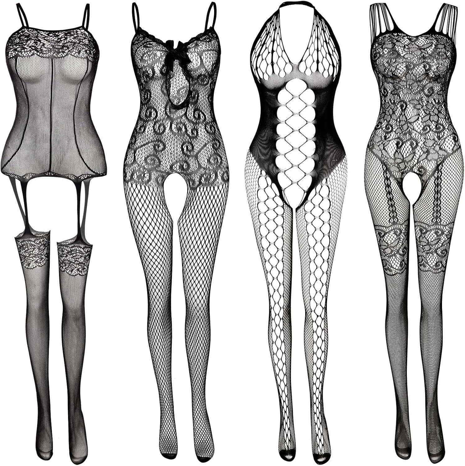 JDiction Fishnet Lingerie for Women Fishnet Bodysuit Lace Bodysuits Sexy Babydoll Nightwear (4 Pack)