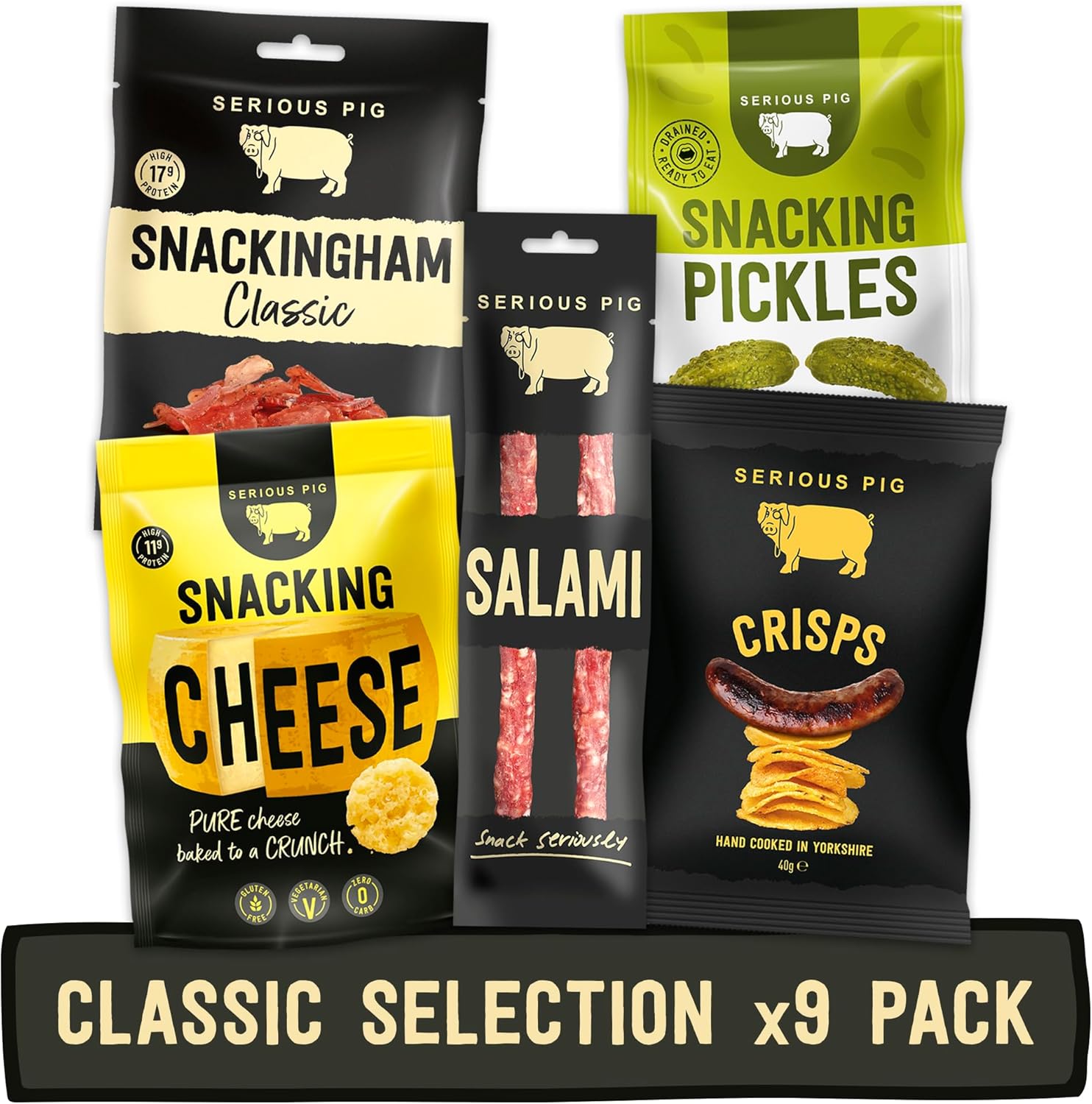 Serious Pig Classic Selection Gift Box with Cheese Crisps, Salami Snacks, Pickles & More Gourmet Hamper