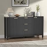 Storage Cabinet Fluted Sideboard Buffet Cabinet with 2 Doors and 3 Drawers, 47"Buffet Cabinet with Adjustable Shelves, Credenza Accent Cabinet Console Table for Living Room, Dinning Room, Black