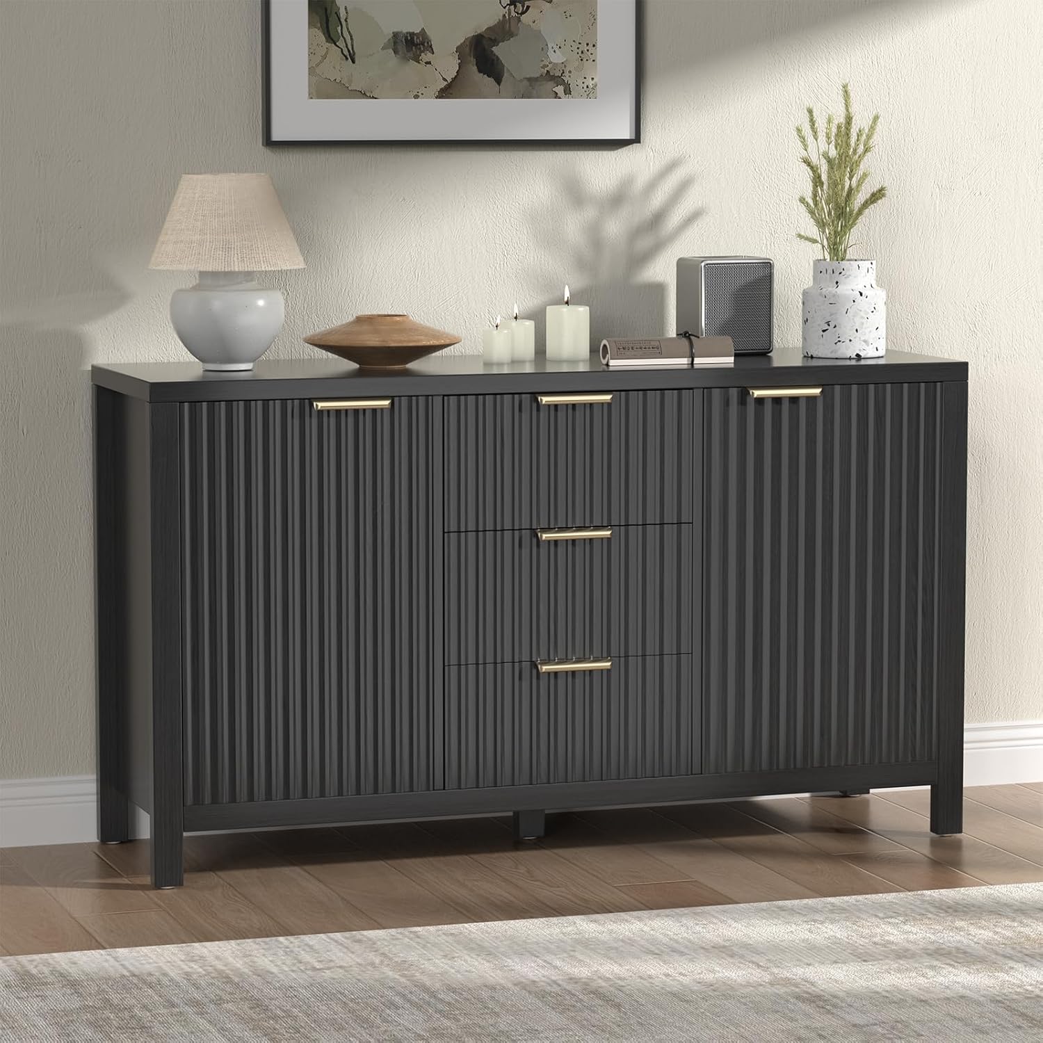 Storage Cabinet Fluted Sideboard Buffet Cabinet with 2 Doors and 3 Drawers, 47"Buffet Cabinet with Adjustable Shelves, Credenza Accent Cabinet Console Table for Living Room, Dinning Room, Black