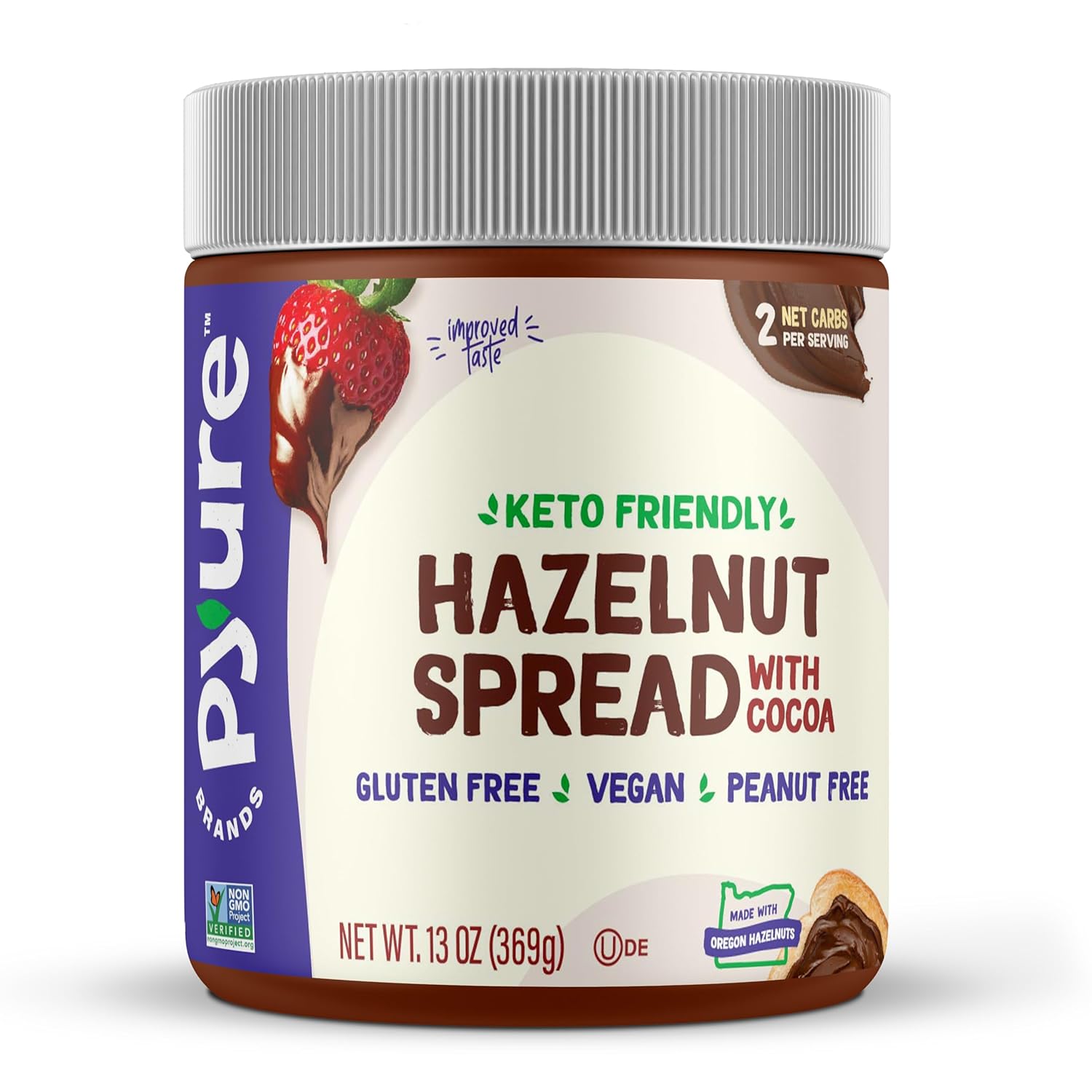 Pyure Hazelnut Spread with Cocoa 2 Net Carbs Keto Snack Gluten-Free, Peanut Free, Plant-Based Hazelnut Spread for Vegan Keto Friendly Food 13oz