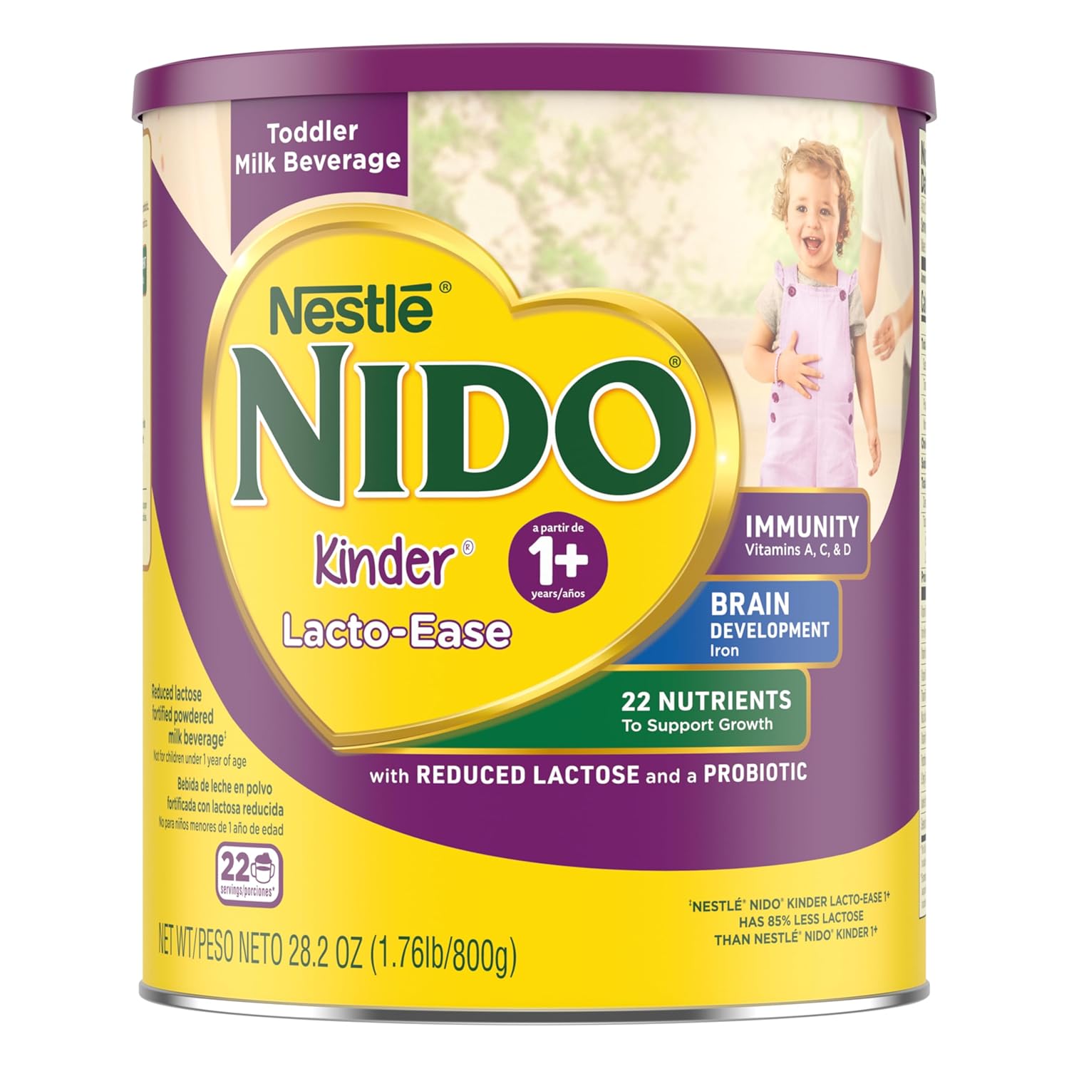 Nestlé NIDO Lacto-Ease Toddler Milk Beverage Powder Mix, Reduced Lactose, Toddler Nutritional Drink, Powdered Milk for Toddlers, 22 Servings per Container, 28.2 OZ, Pack of 1