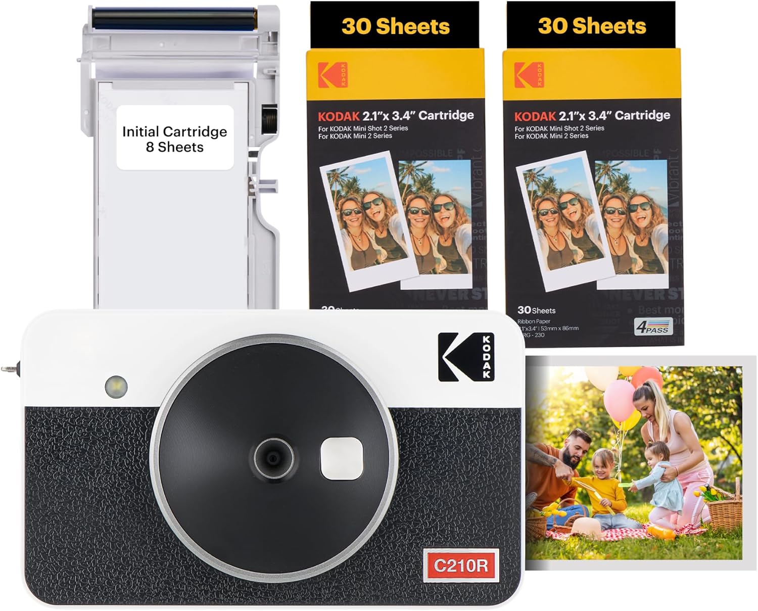 KODAK Mini Shot 2 Retro 4PASS 2-in-1 Instant Digital Camera and Photo Printer (2.1x3.4 inches) Initial 8 Sheets + 60 Sheets Bundle, White