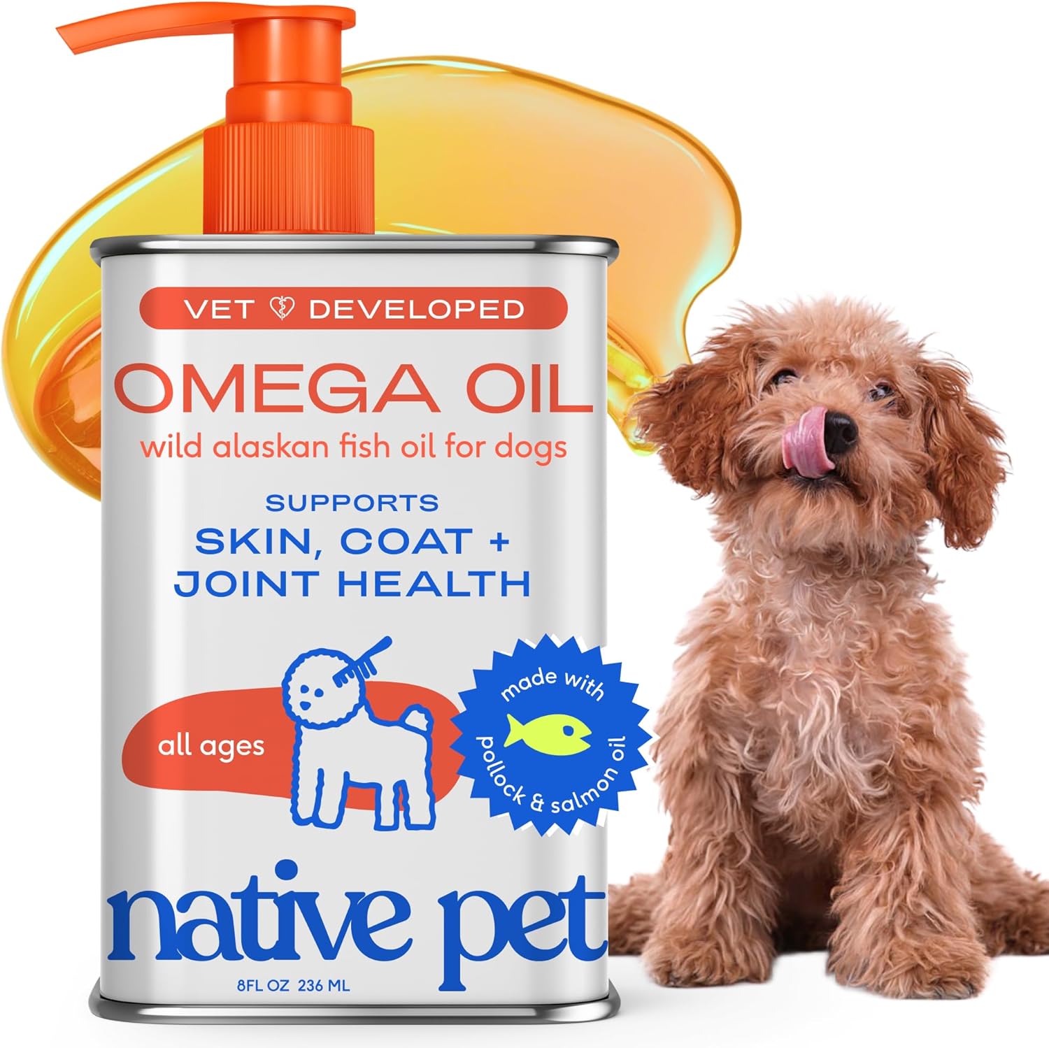 Native Pet Omega 3 Fish Oil for Dogs & Cats - Promotes Healthy Skin, Shiny Coat, & Strong Joints - Made with Wild Alaskan Salmon Oil for Dogs – Tasty, Fast-Absorbing Omega 3 6 9 Liquid Supplement-16oz