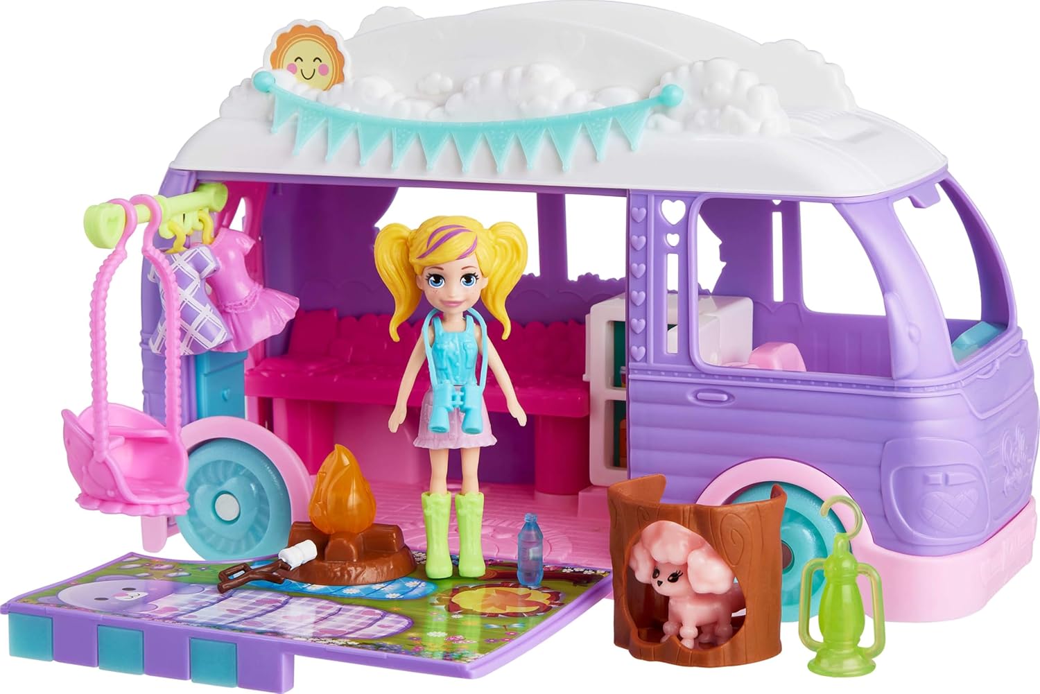 Polly Pocket Doll & Pet Playset, Travel Toy with Camping & Food Accessories, Glamping Camper Van