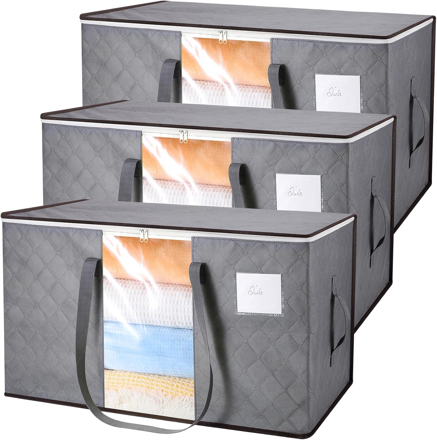 Yafe 3 Pack Large Clothes Boxes with Lids, 91L Capacity Storage Bags with PVC Window Organiser Moving Bag Packing Boxes for Moving House, Clothes, Bedding, Duvet, Toys (Grey)