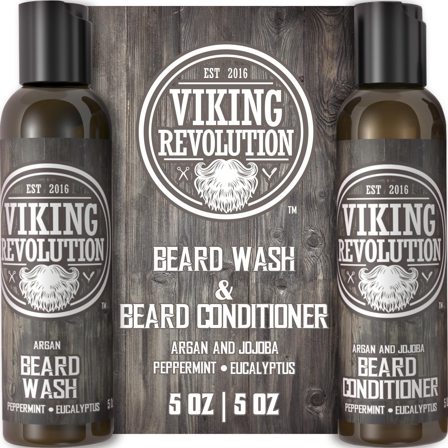 Viking Revolution Beard Care Set with Argan & Jojoba Oils - Softens, Smooths & Nourishes Facial Hair Growth - Peppermint and Eucalyptus Scented Wash & Conditioner (5 oz)