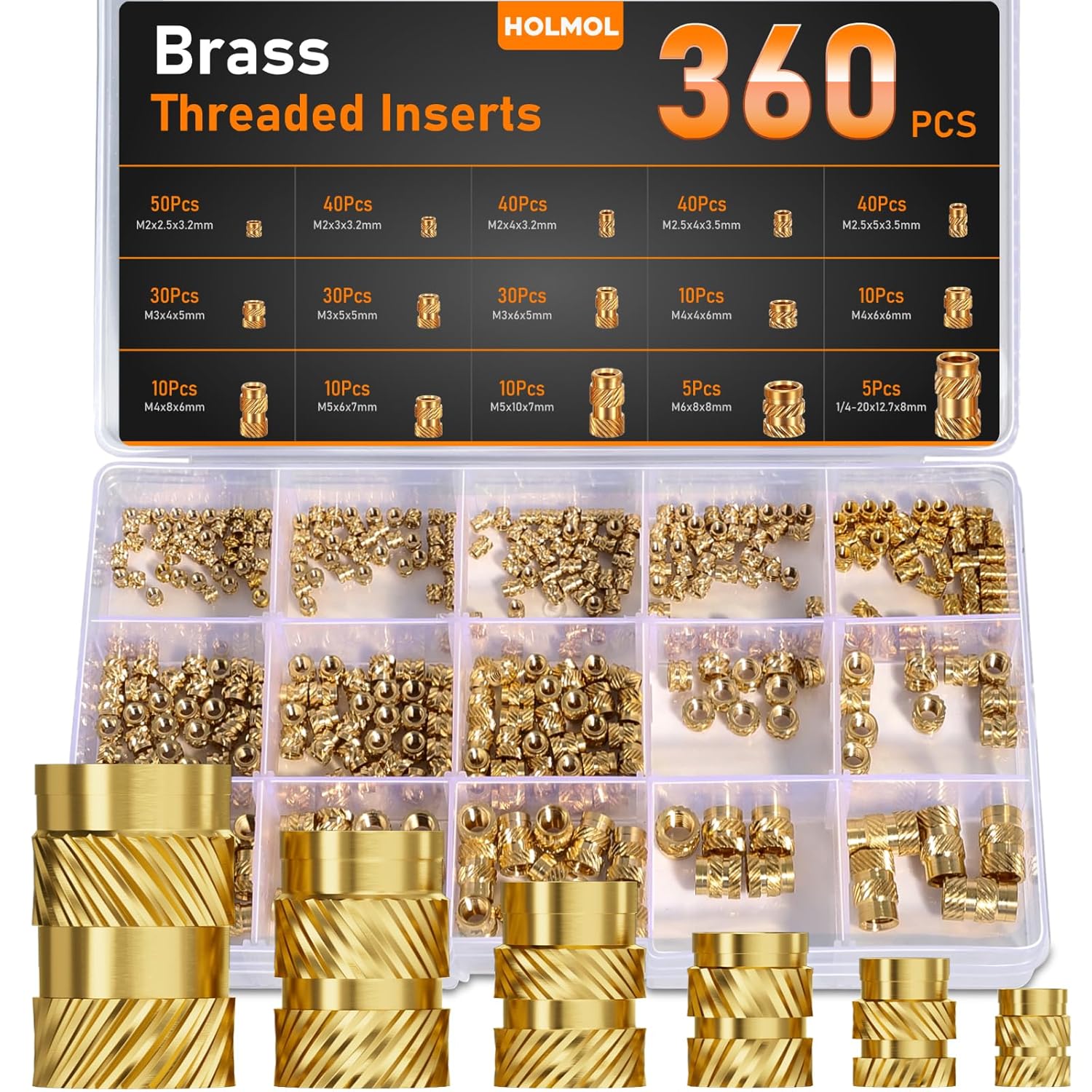 HOLMOL Threaded Inserts for Plastic 360PCS, Heat Insert Assortment Set, Brass Metric Knurled Nuts M2 M2.5 M3 M4 M5 M6mm for 3D Printer Parts
