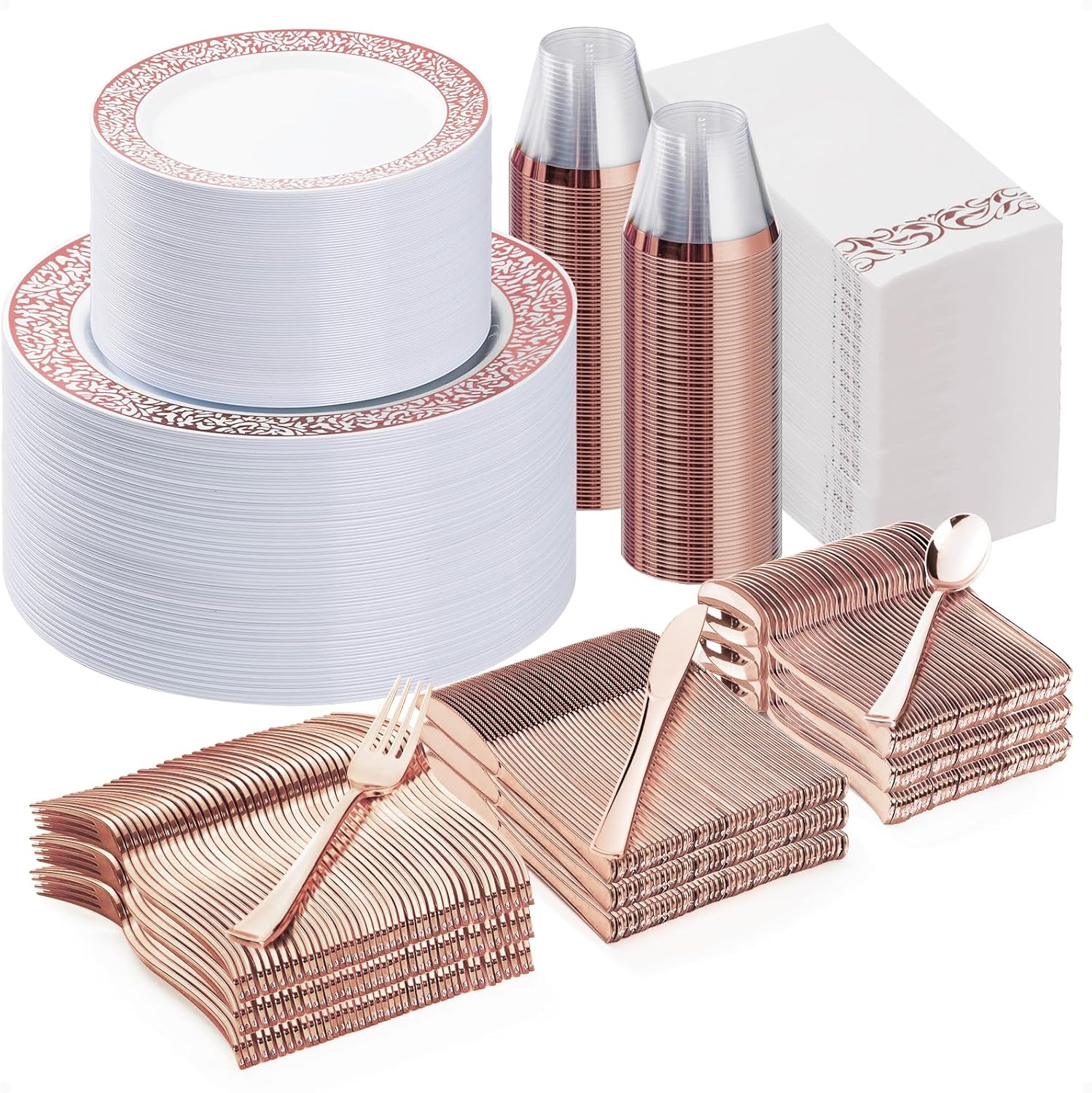 700PCS Rose Gold Plastic Dinnerware Set for 100 Guests, Disposable Plates for Party, Includes: 100 Dinner Plates, 100 Dessert Plates, 100 Rose Gold Silverware Set, 100 Cups, 100 Napkins