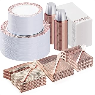 700PCS Rose Gold Plastic Dinnerware Set for 100 Guests, Disposable Plates for Party, Includes: 100 Dinner Plates, 100 Dessert Plates, 100 Rose Gold Silverware Set, 100 Cups, 100 Napkins