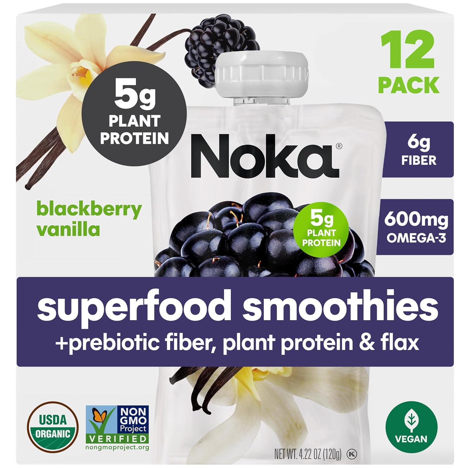 Noka Superfood Fruit Smoothie Pouches, Blackberry Vanilla, Healthy Snacks with Flax Seed, Plant Protein and Prebiotic Fiber, Vegan and Gluten Free Snacks, Organic Squeeze Pouch, 4.22 oz, 12 Count