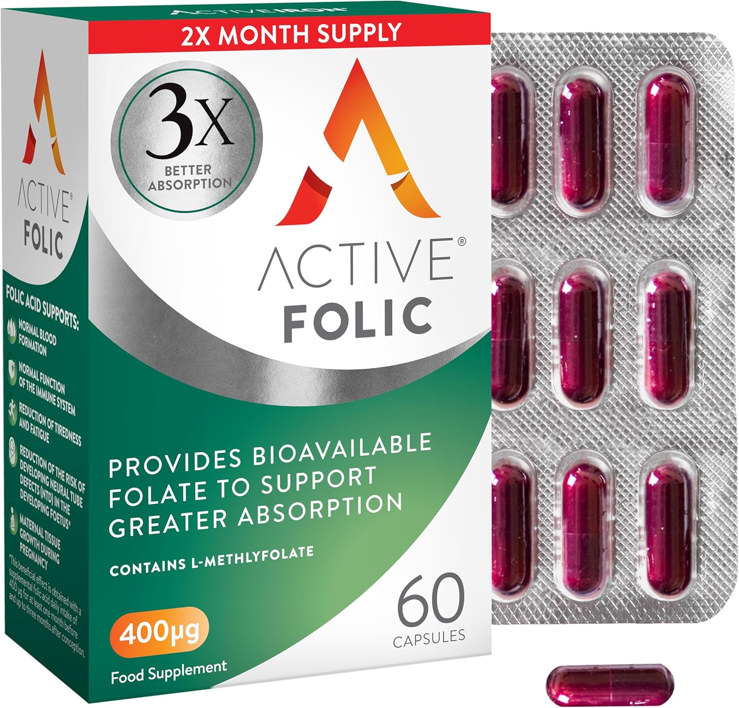 Active Folic Acid Supplement for Pregnancy, Fights Tiredness & Fatigue, Vegan, Containing L-Methylfolate, Easy to Swallow, 60 Capsules, 2 Month Supply