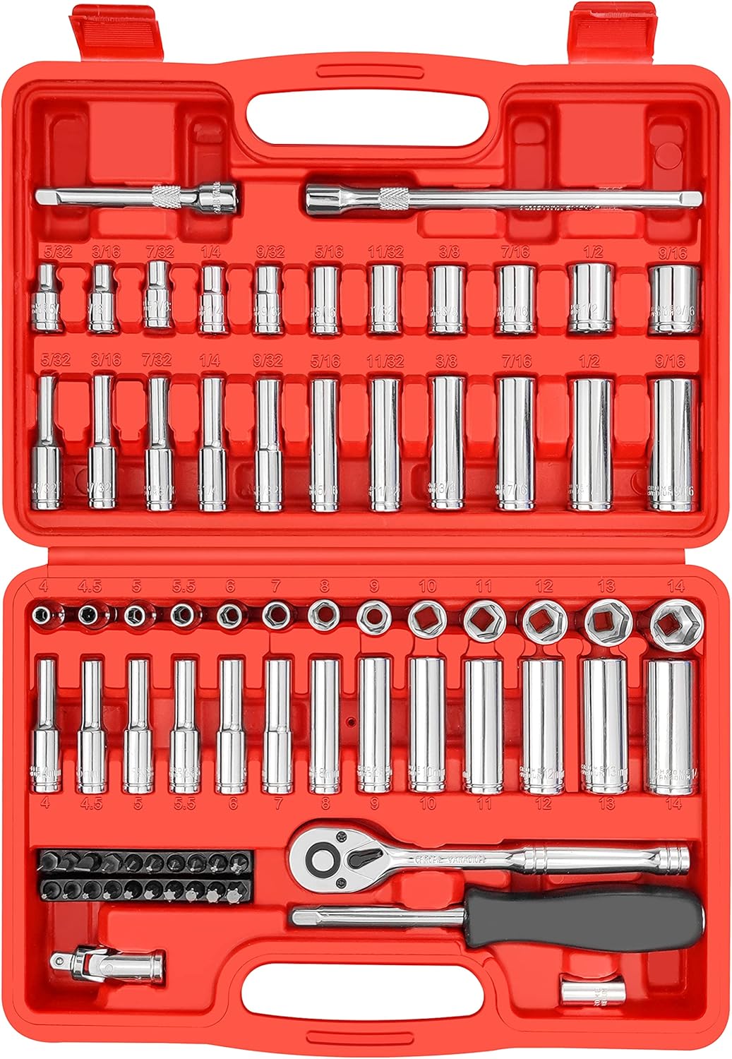 74 Pcs 1/4" Drive Socket Set,1/4-Inch Drive Master Socket Set with Ratchets,Extensions with 1/4" Drive Bits Set,Universal Joint (5/32-Inch- 9/16-Inch, 4mm-14mm)