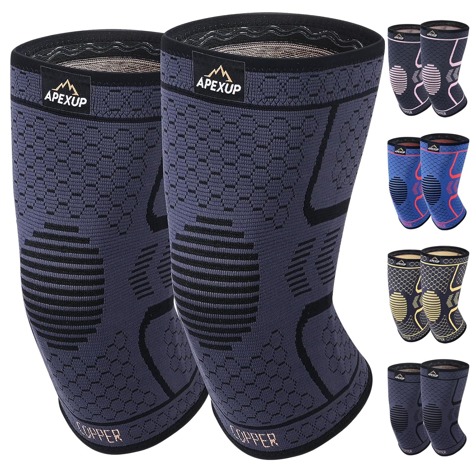 APEXUP Copper Knee Brace for Women & Men, 2 Pack Knee Compression Sleeve for Knee Pain, Arthritis Pain Relief, Meniscus Tear, ACL, Knee Support for Running, Fitness, Weightlifting (M, Black)