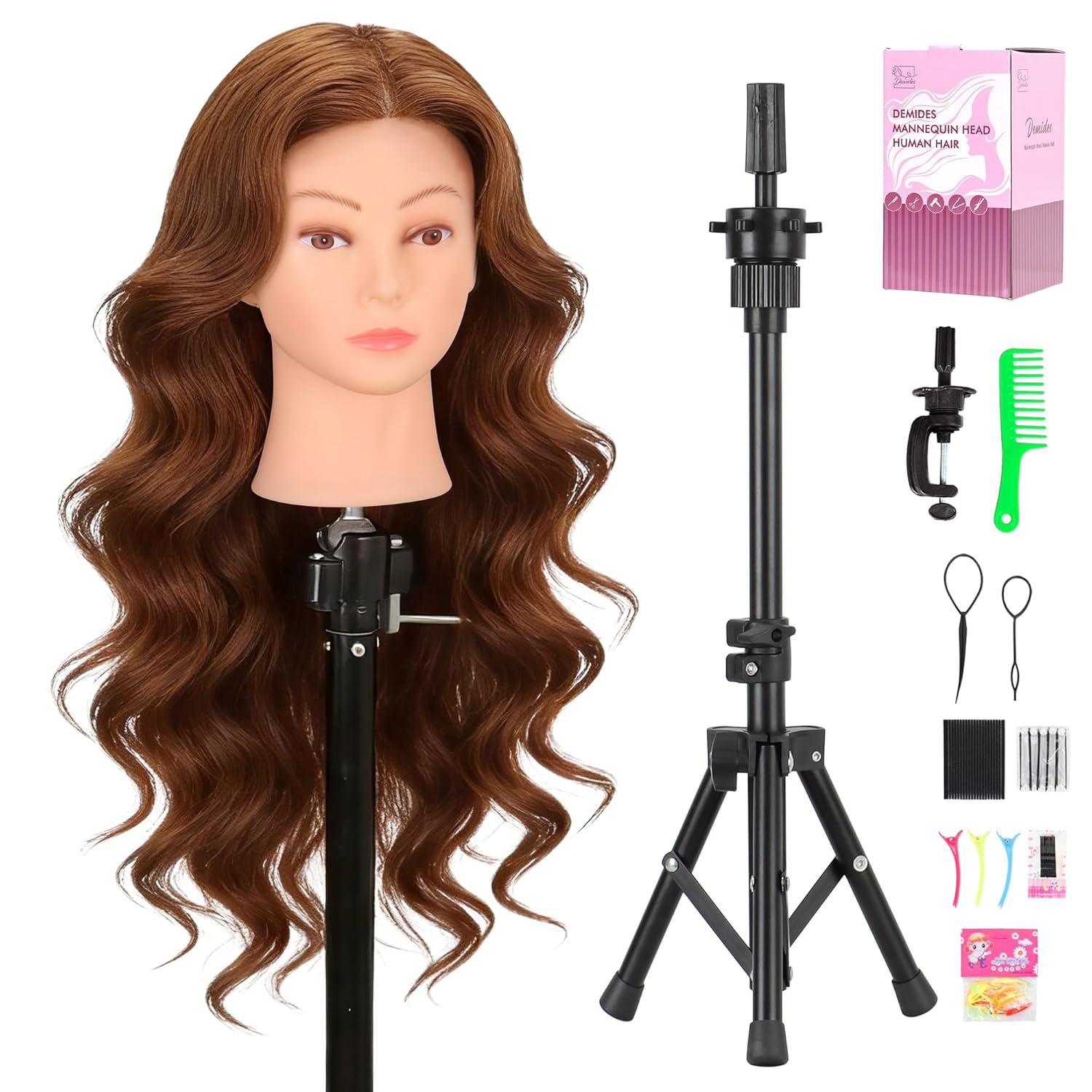Human Hair Mannequin Head 22"-24" with Tripod Stand and Clamp Holder, Real Hair Cosmetology Training Head for Styling, Braiding and Cutting