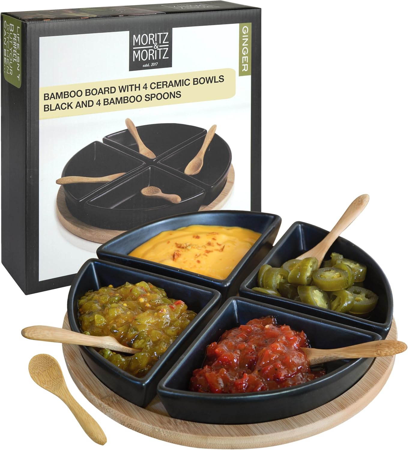 Moritz & Moritz 4X Black Dip Bowl Set with Wooden Tray - Snack Bowls Set Ceramic - Serving Set with Spoons