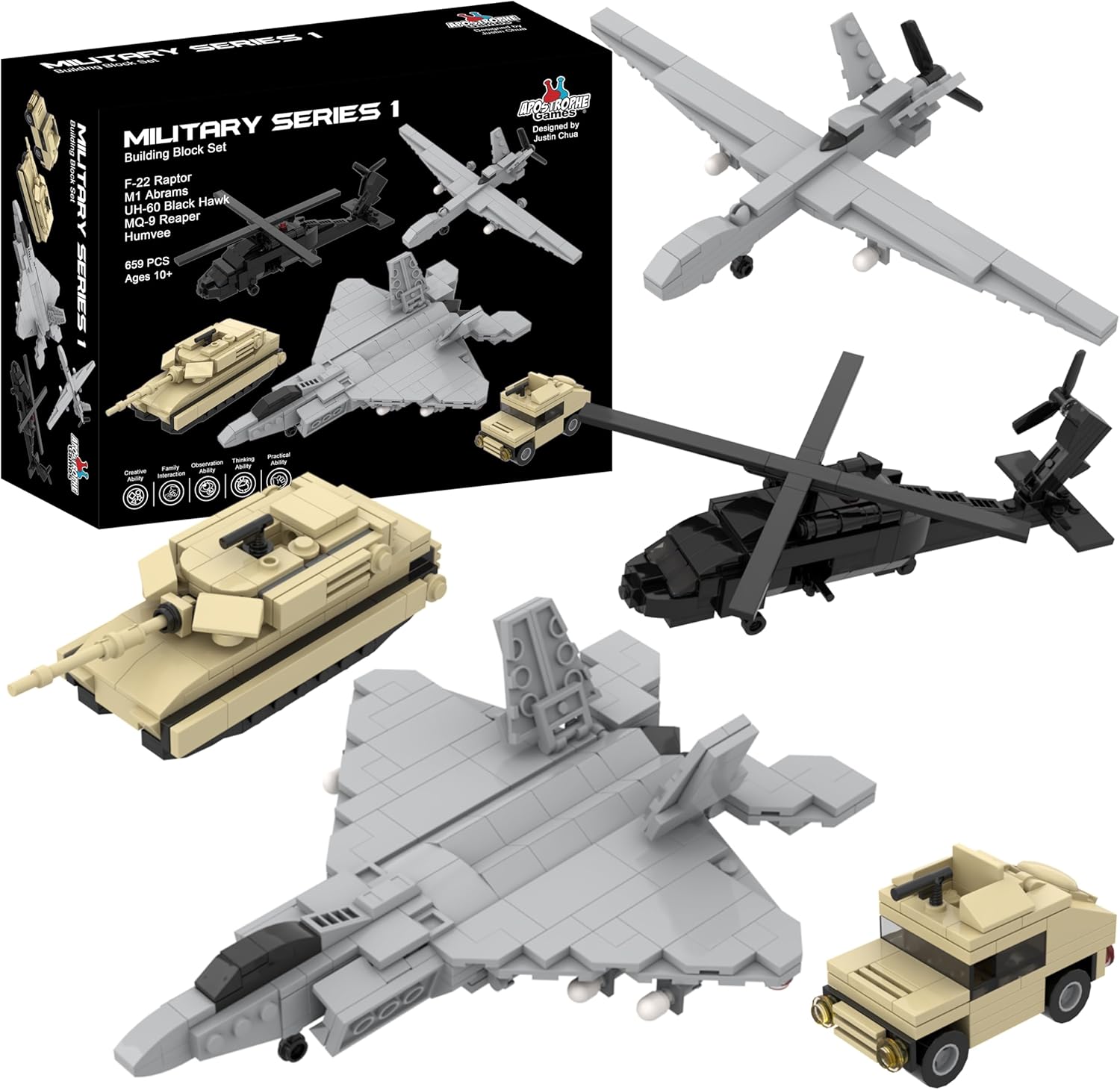 APOSTROPHE Games 5 Military Building Block Sets (659 Pieces) F-22 Raptor, M1 Abrams Tank, Black Hawk Helicopter, Reaper UAV and Humvee Army Truck Scale Models for Kids and Adults