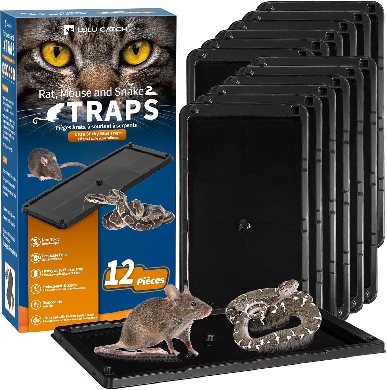 LULUCATCH Sticky Mouse Traps, 12 Pack Large Glue Traps, Pre-Baited Heavy Duty Non-Toxic Bulk Glue Boards Rat Traps Indoor for Mole, Mice, Snakes, Rodents, Cockroaches & Spiders, Pet Safe Easy to Use