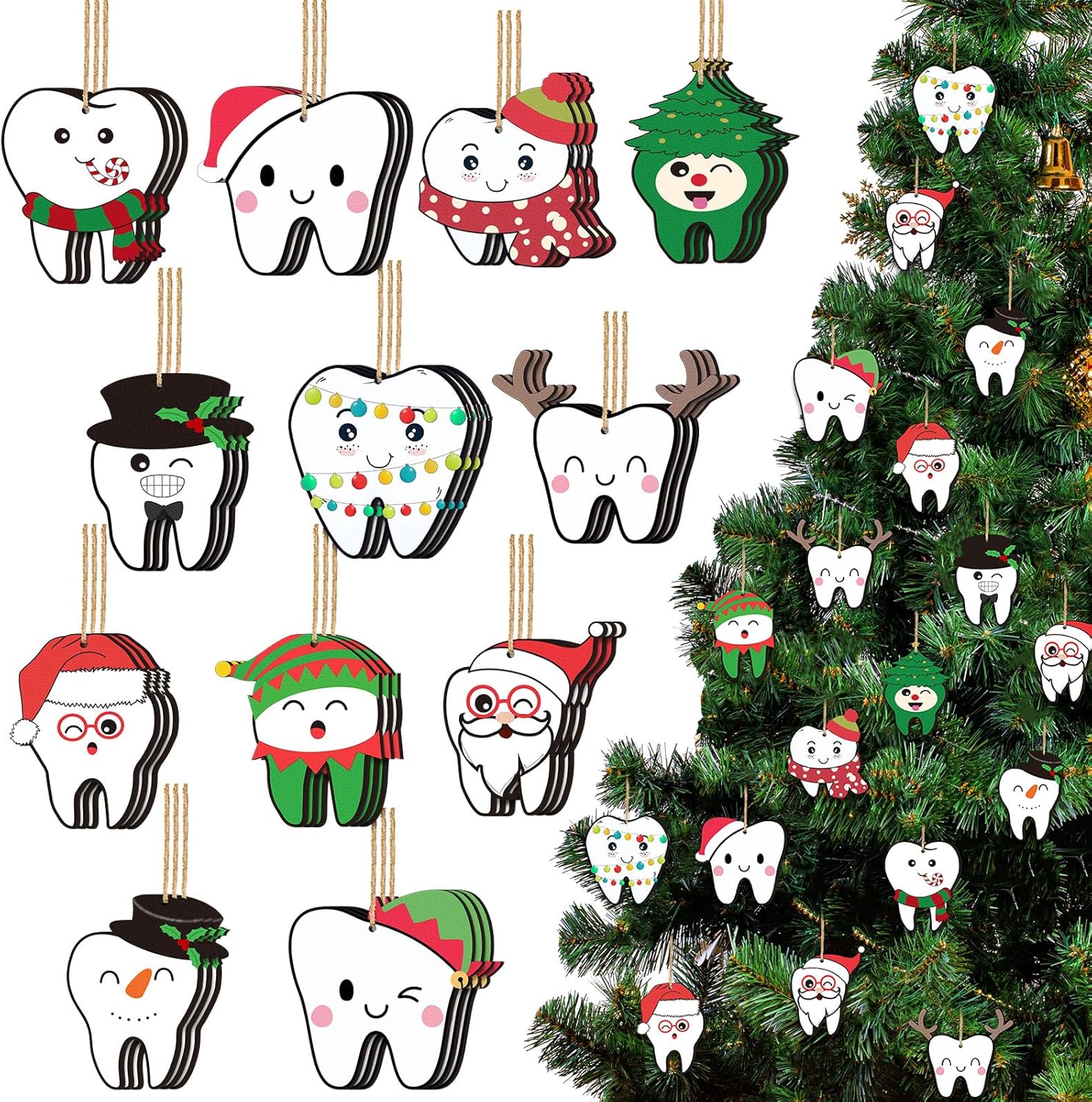 Vercraft 36 Pcs Tooth Christmas Ornaments CNA Week Gifts Cute Wooden Dentist Teeth Hanging Ornaments Christmas Tree Decorations Funny Teeth Wood Sign for Xmas Tree Dentist Dental Assistant Home Decor