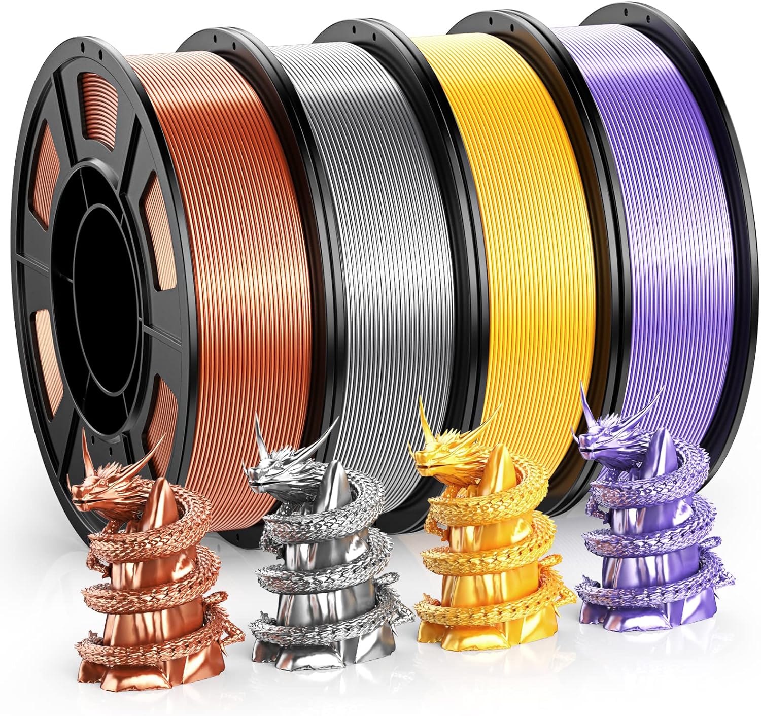 WEEFUN 4 Color Silk PLA 3D Printer Filament Pack, 1.75mm PLA Filament 3D Printing Material, Four Silk Color PLA Filaments for 3D Printer Pure Copper/Purple/Gold/Silver, 4 Spools, Total 1KG(2.2LBS)