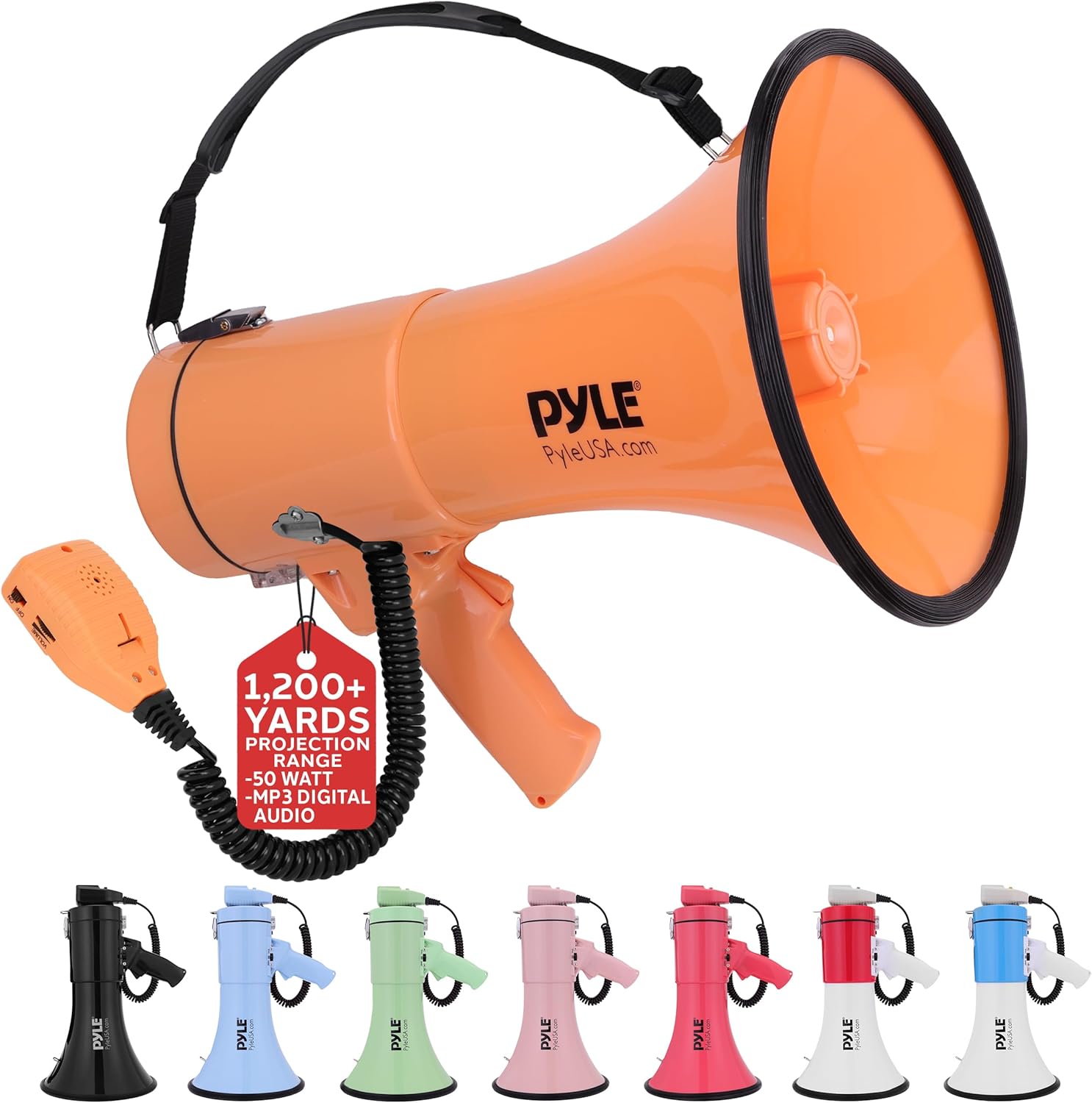 Pyle 50W Megaphone Bullhorn - Portable, Automatic Siren & Adjustable Volume,Projection Range Up to 1200 Square Yards, Aux Input, Talk, Siren, Music, Whistle, & Record, Shoulder Strap (Orange)