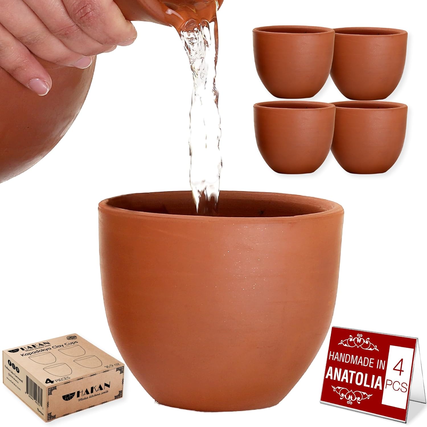 Hakan Kapadokya 16.9 oz, 4 Pcs, Handmade Pottery Mug Set of 4, Clay Cups for Beverages, Earthenware Flower Pot, Unglazed Clay Bowls, Drinking Clay Cups for Decoration