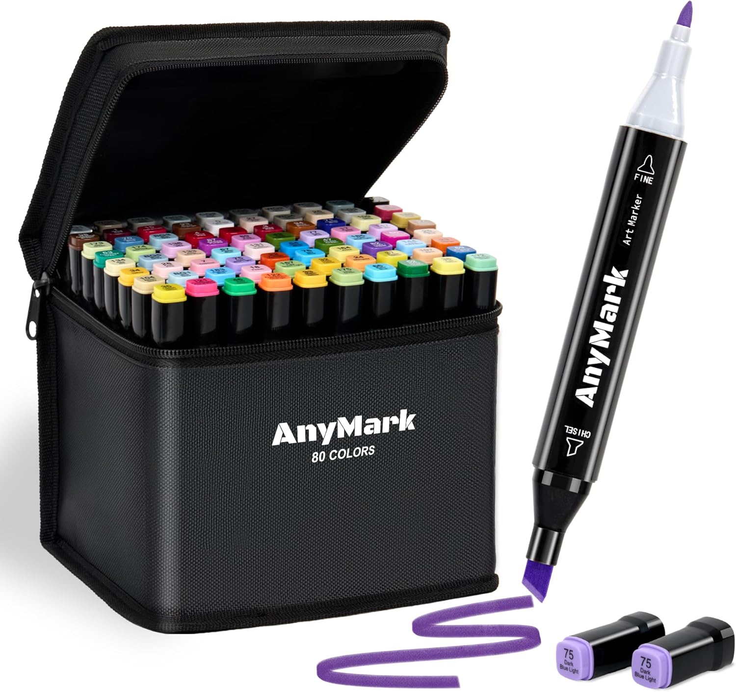 AnyMark Alcohol Markers, 80 Colors Dual Tip Art Coloring Markers Set for Kids Adult Book Drawing Sketching Painting, Chisel & Fine, Black Penholder