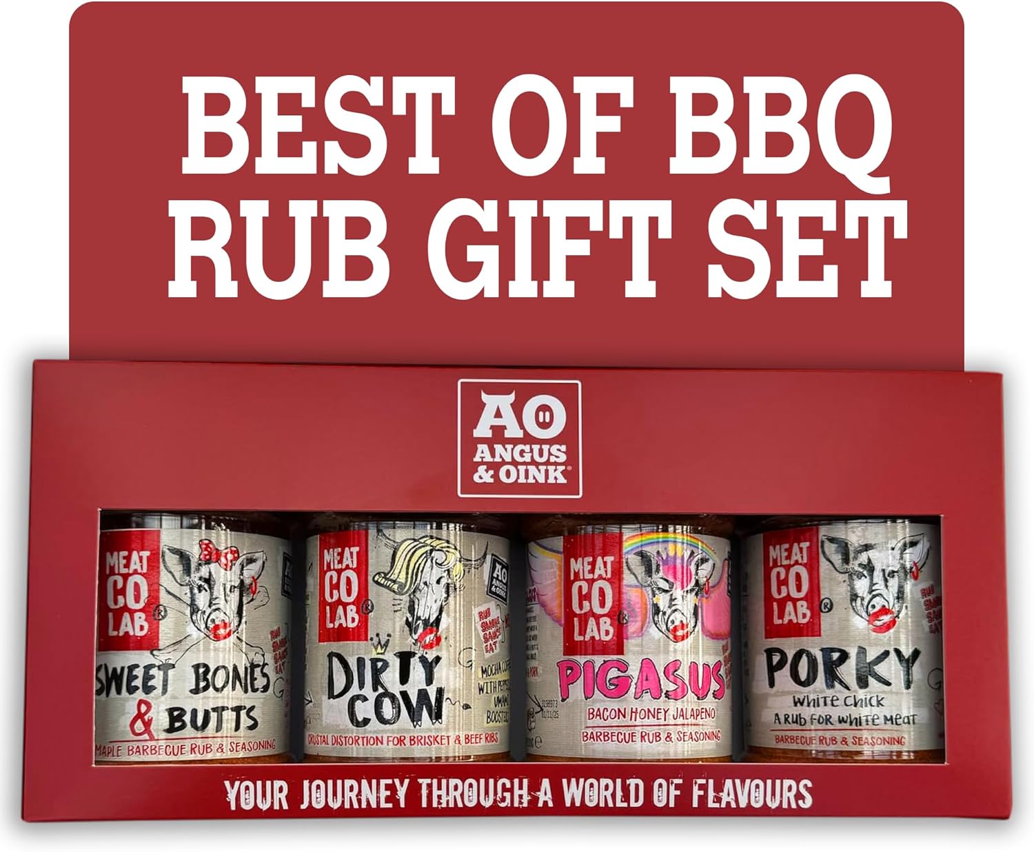 Angus & Oink Gift Set | Best of BBQ Gift Box | BBQ Rubs | 1 x Sweet Bones & Butts 220G | 1 x Dirty Cow Seasoning 220G | 1 x Pigasus 220G | 1 x Porky White Chick 220G | BBQ Lover Gift Set