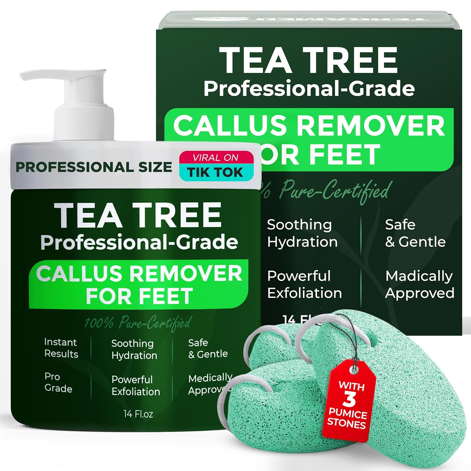 Callus Remover For Feet | Tea Tree Callus Remover Gel | Professional-Grade Foot Exfoliant for Cracked Heels & Dry Feet | Instant Results & Soothing Hydration | Includes 3 Pumice Stones | 14 Fl Oz